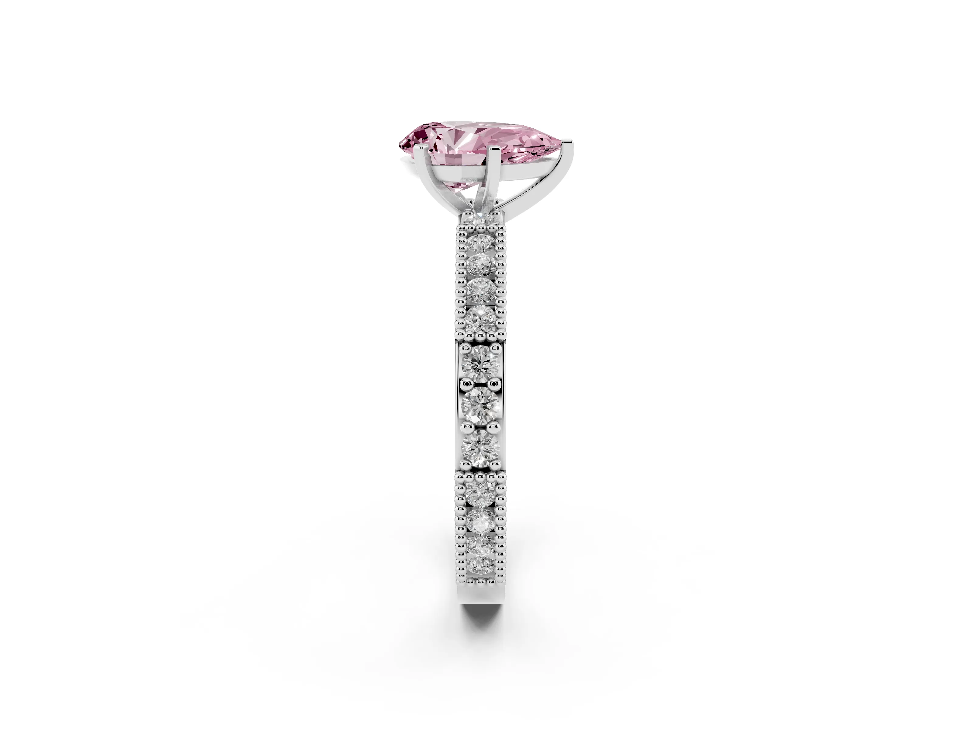 Fancy Pink Pear Cut Diamond Solitaire Ring Set in Platinum with Slim Pavé Band and Prong Setting