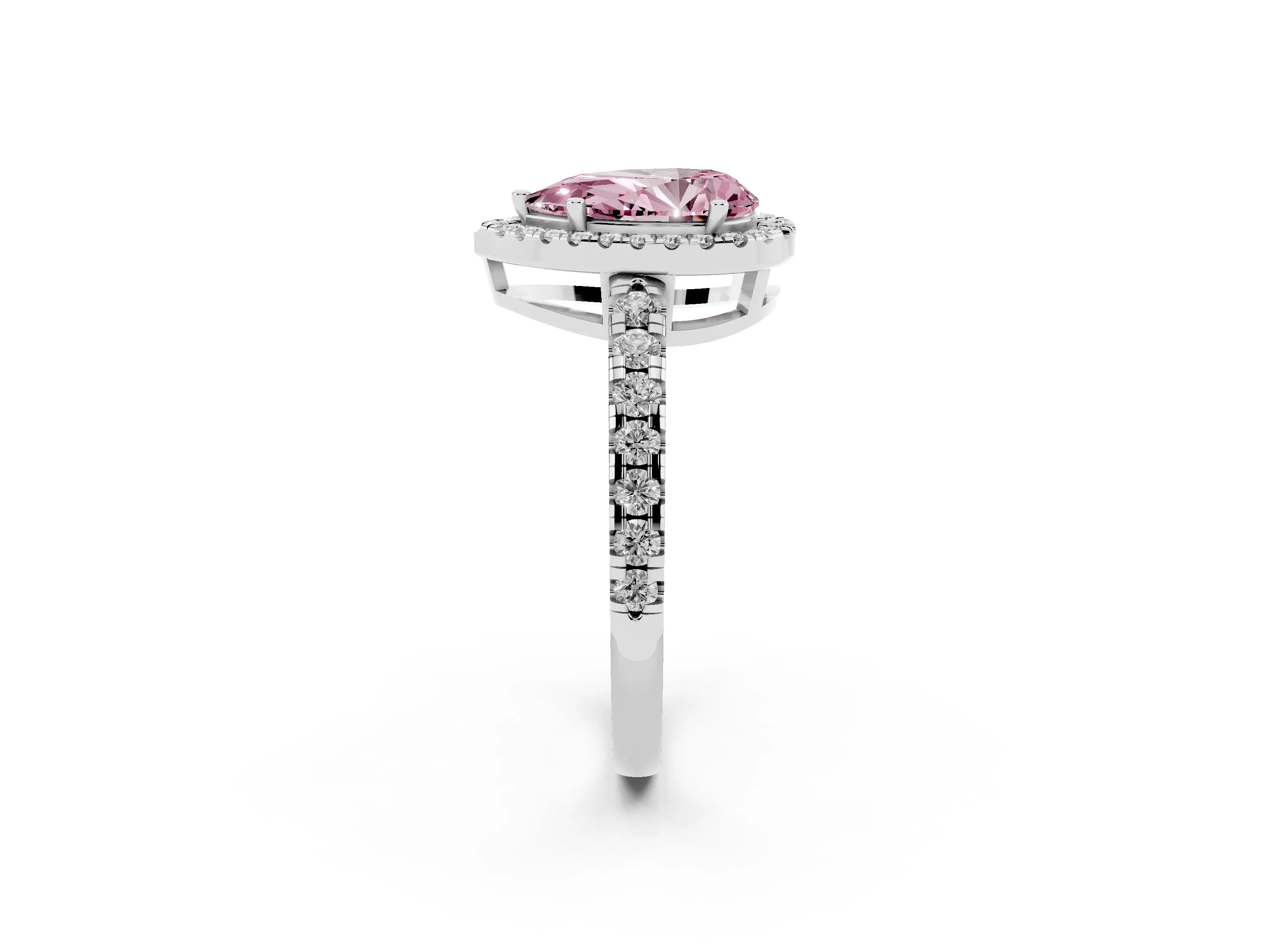 Fancy Pink Pear Cut Diamond Halo Ring Set in White gold with Delicate Pavé Band and Prong Setting