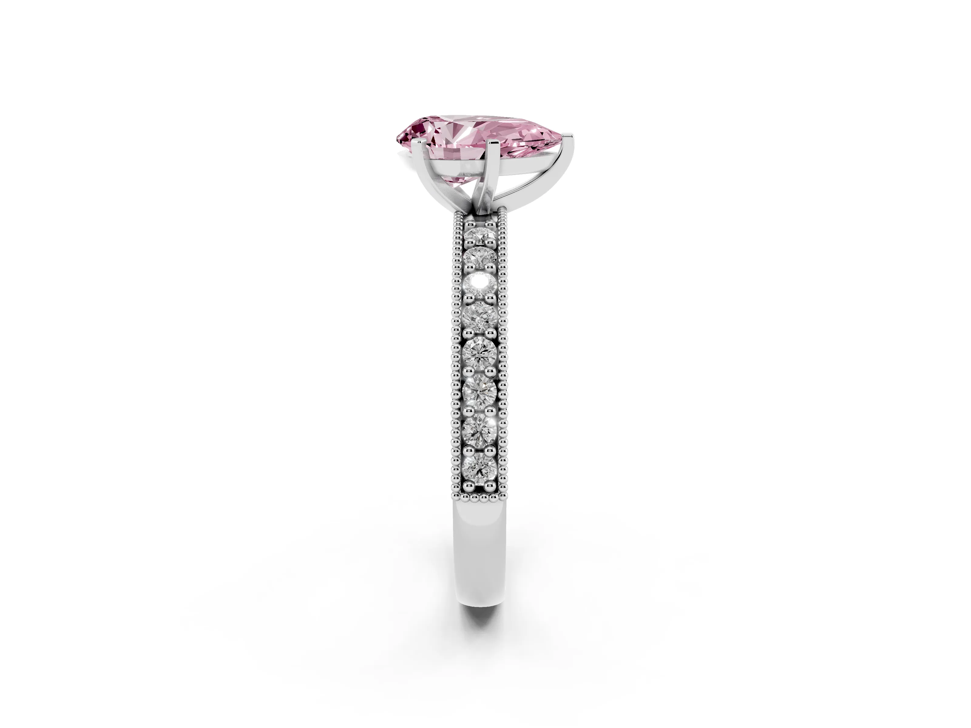 Fancy Pink Pear Cut Diamond Milgrain Pavé Engagement Ring Set in Platinum with Prong Setting