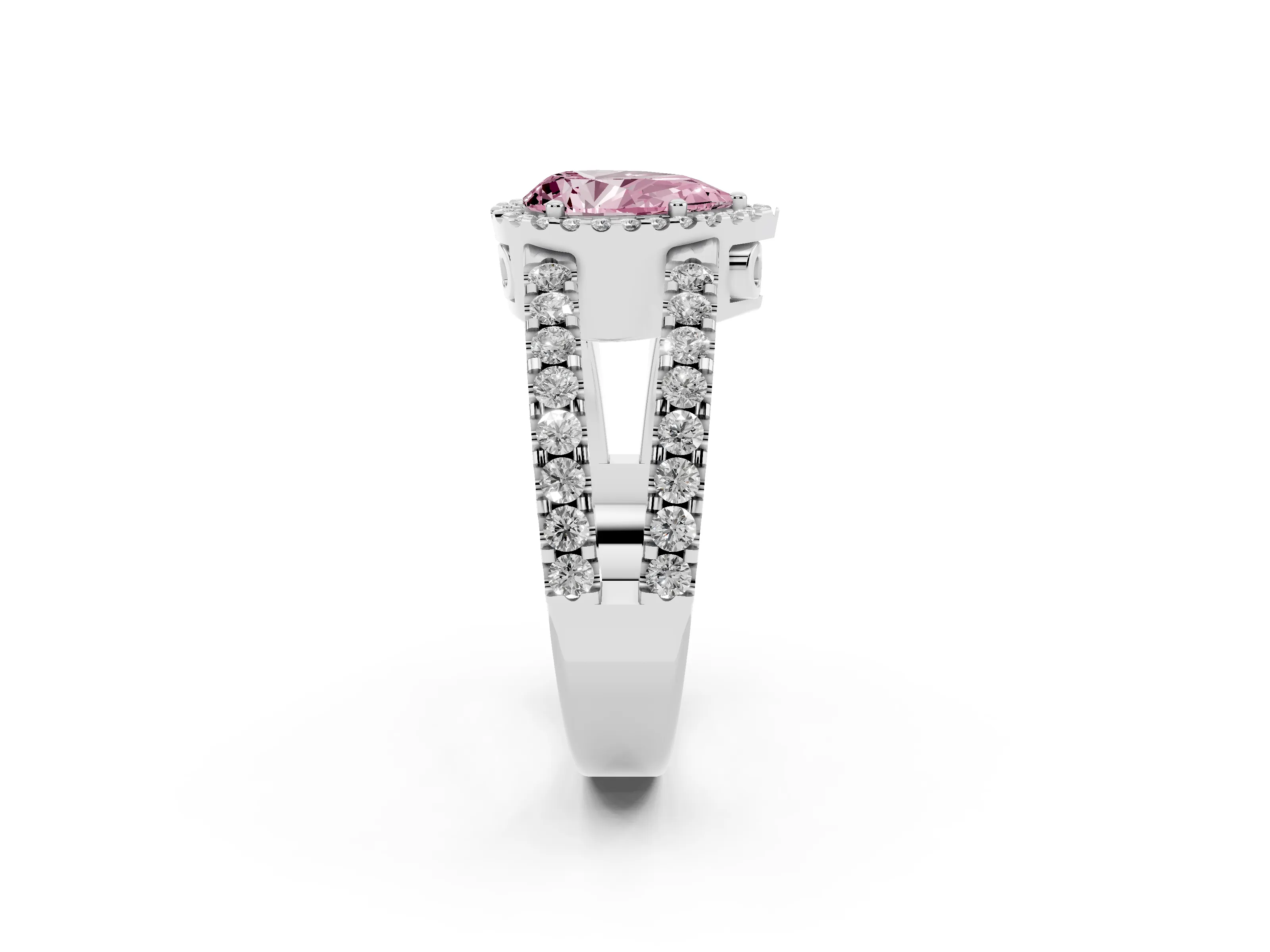 Fancy Pink Pear Cut Diamond Halo Ring Set in Platinum with Pavé Split Shank and Prong Setting