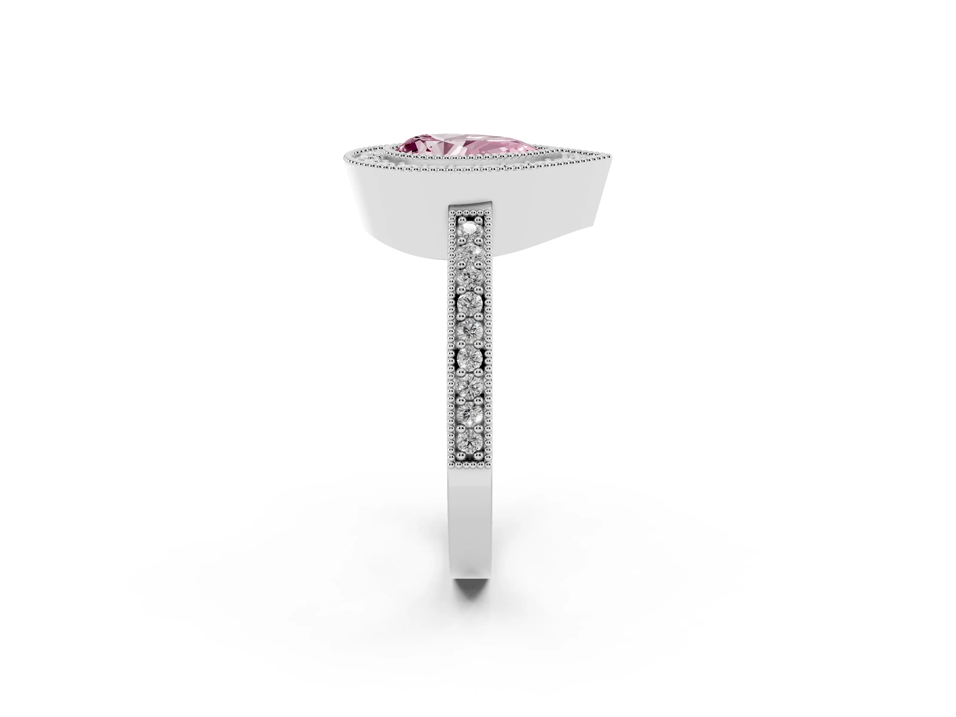 Fancy Pink Pear Cut Diamond Halo Engagement Ring Set in White gold with Pavé Band and Round Halo Stones