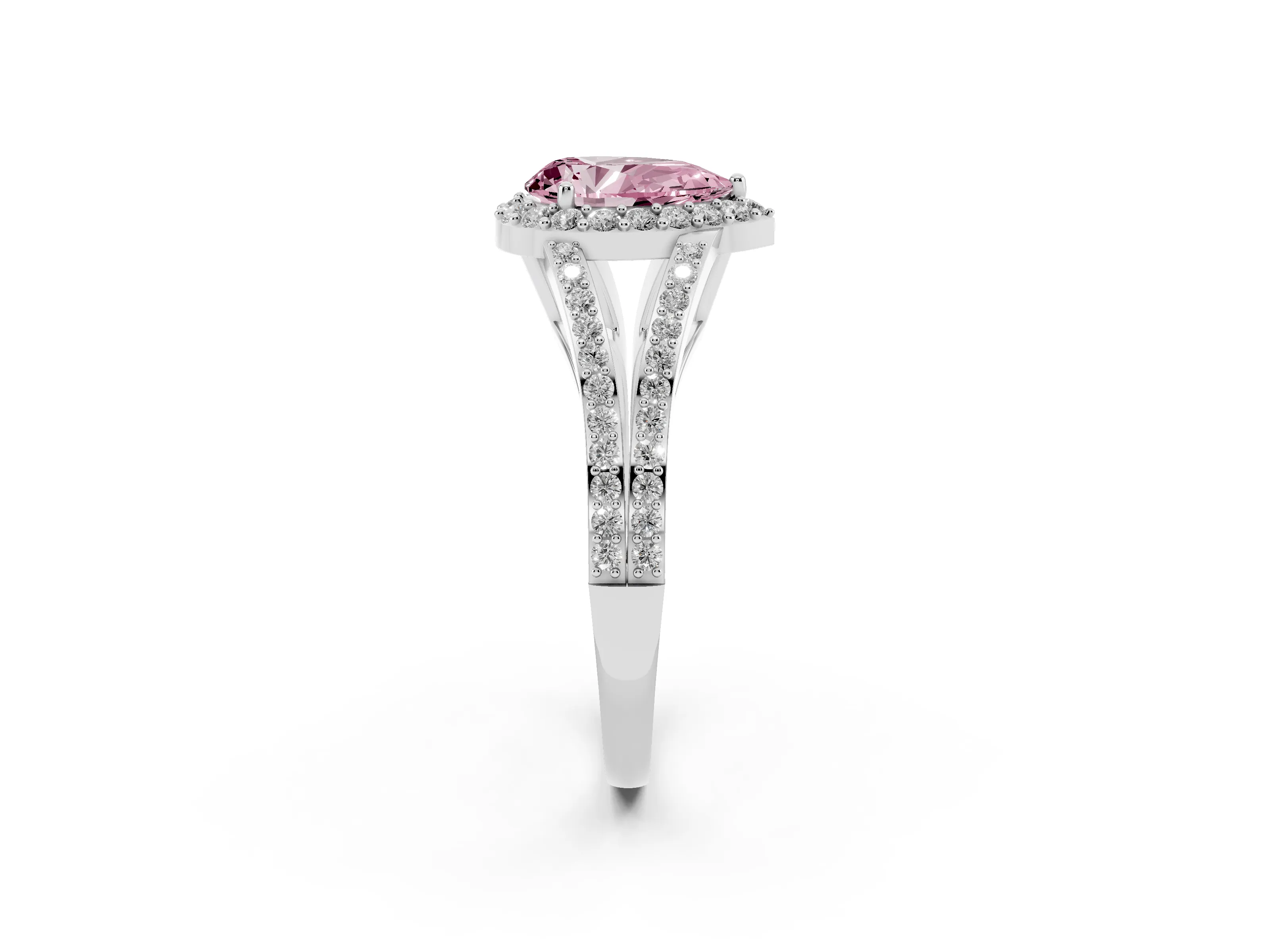 Fancy Pink Pear Cut Diamond Halo Split Shank Pavé Ring Set in Platinum with Prong Setting
