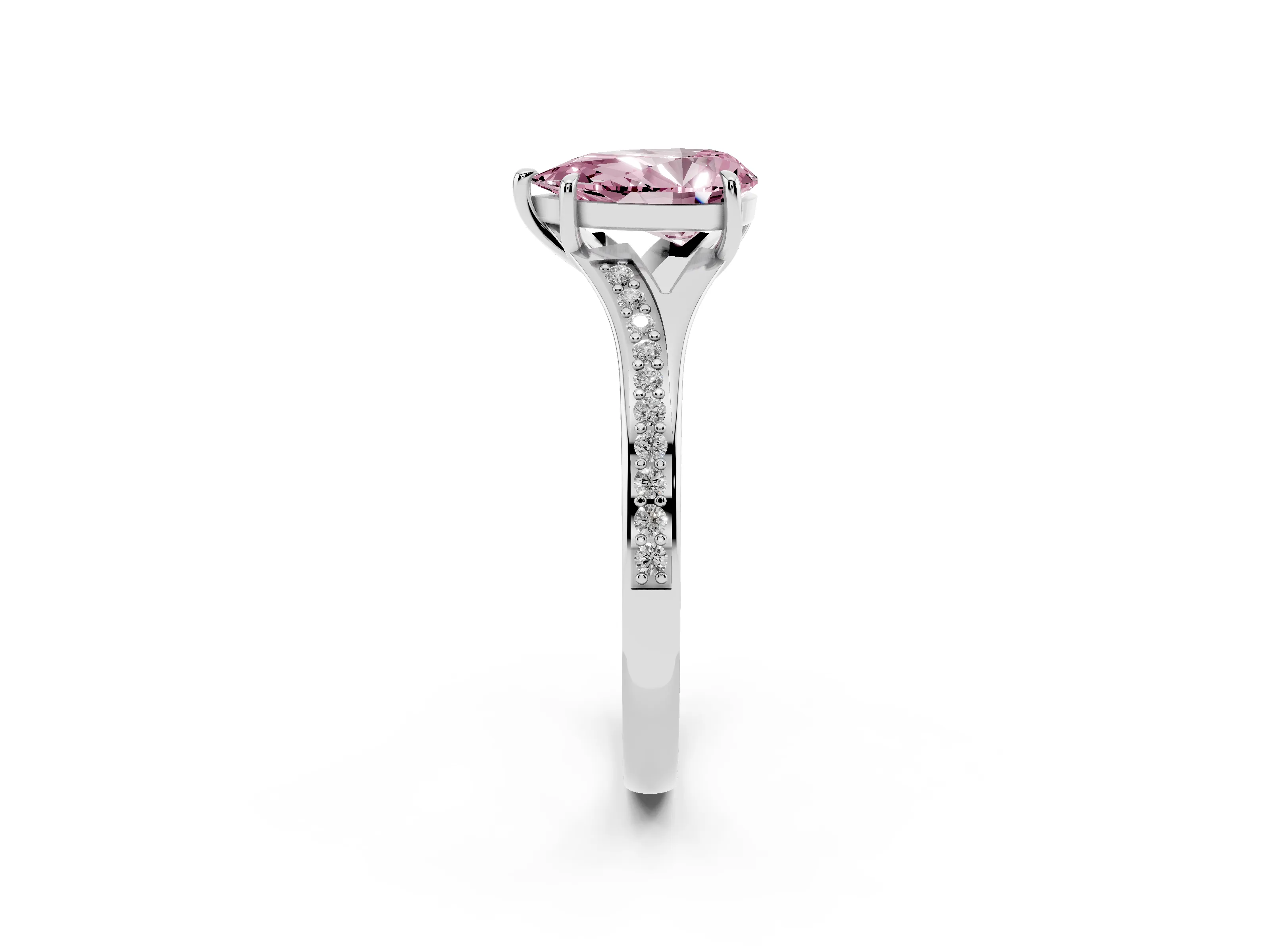 Fancy Pink Pear Cut Diamond Solitaire Ring Set in Platinum with Pavé Accent Band and Classic Prong Setting
