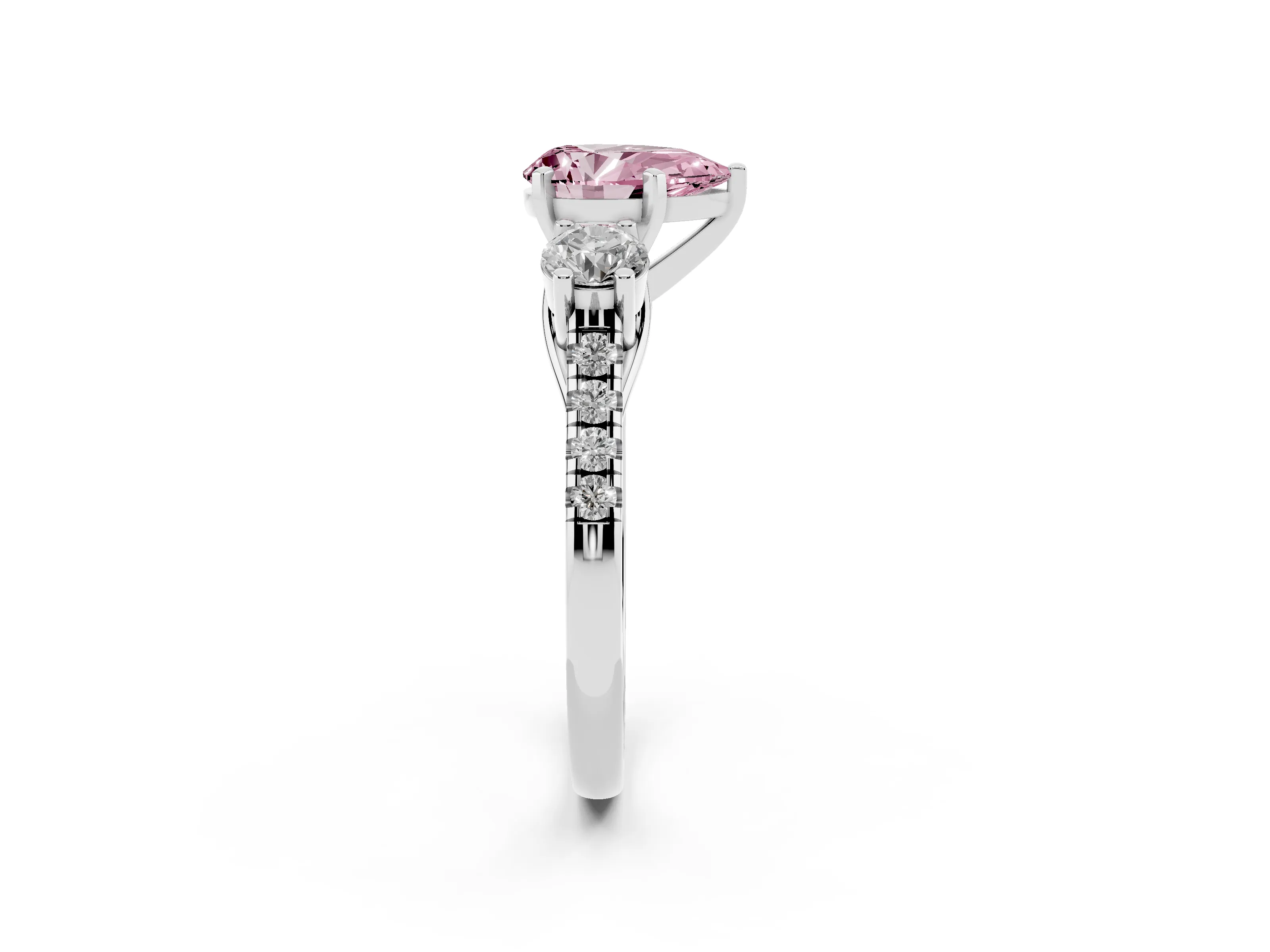 Fancy Pink Three-Stone Pear Cut Diamond Pavé Band Ring Set in Platinum with Prong-Set Trio
