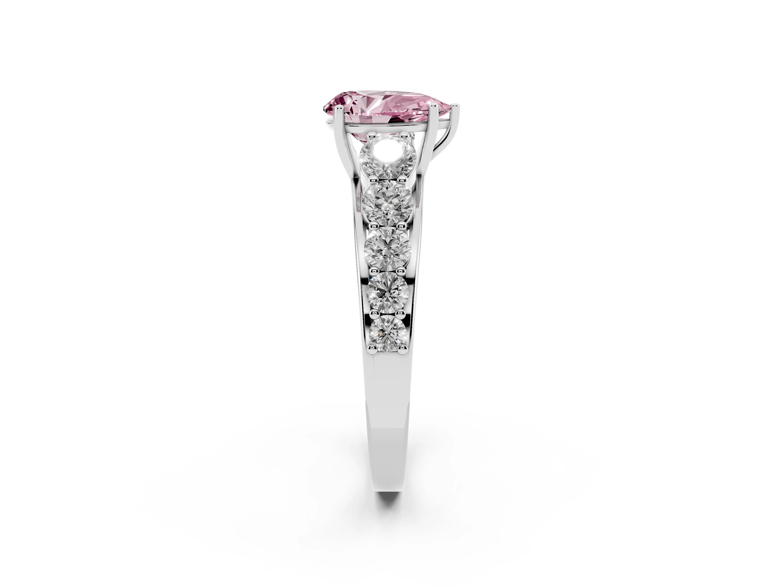 Fancy Pink Pear Cut Diamond Solitaire Ring Set in Silver with Pavé-Set Band and Prong Setting
