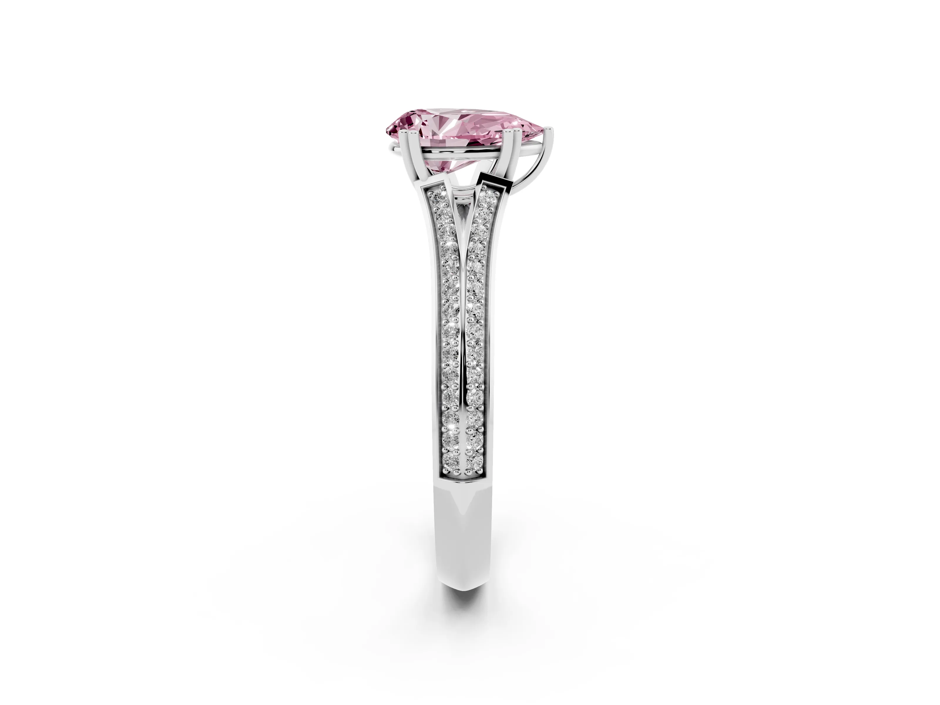 Fancy Pink Pear Cut Diamond Split Shank Pavé Engagement Ring Set in White gold with Prong-Set Center Stone