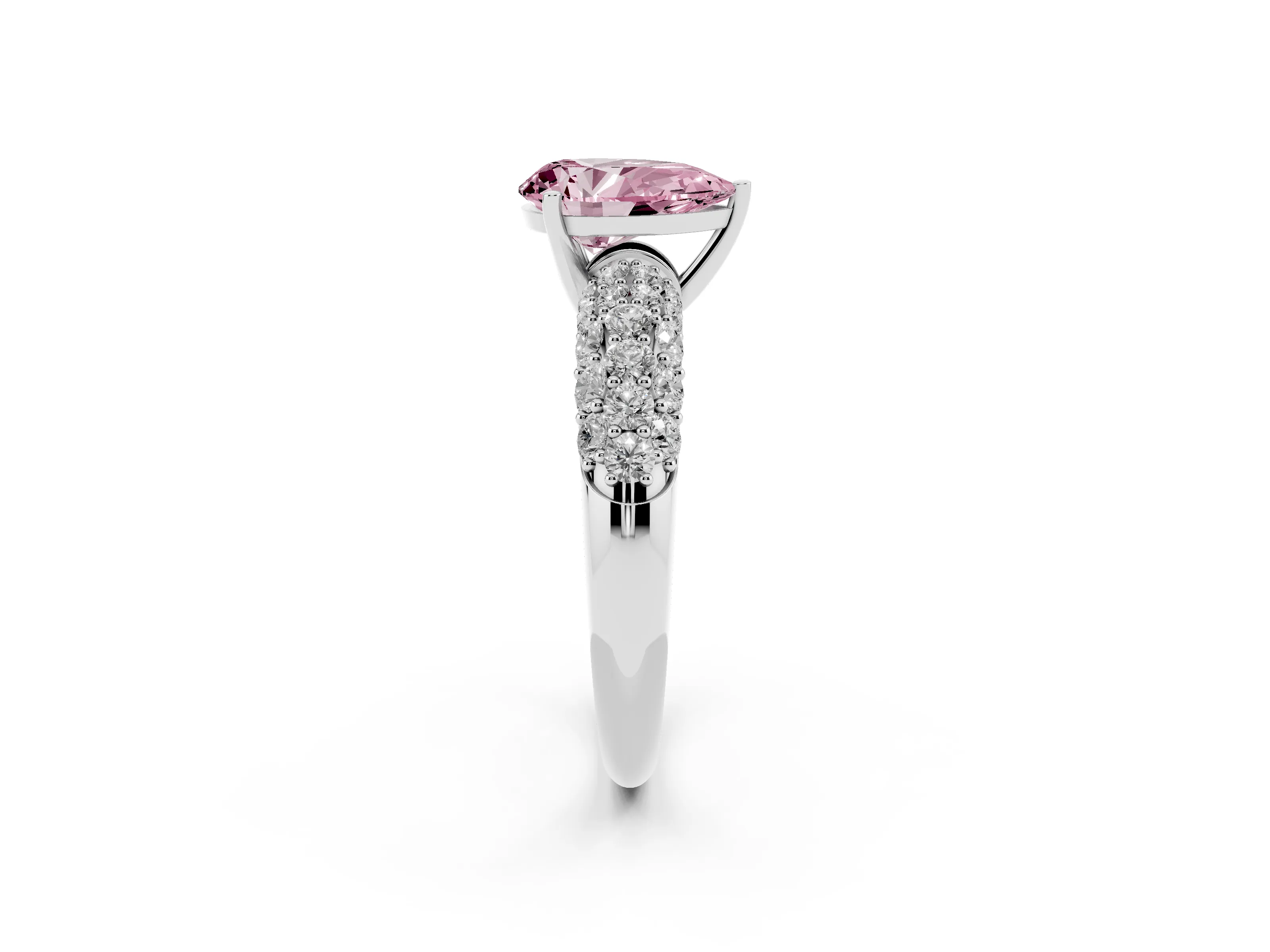 Fancy Pink Pear Cut Diamond Pavé Band Solitaire Ring Set in White gold with Close-Set Accent Stones and Prong Setting