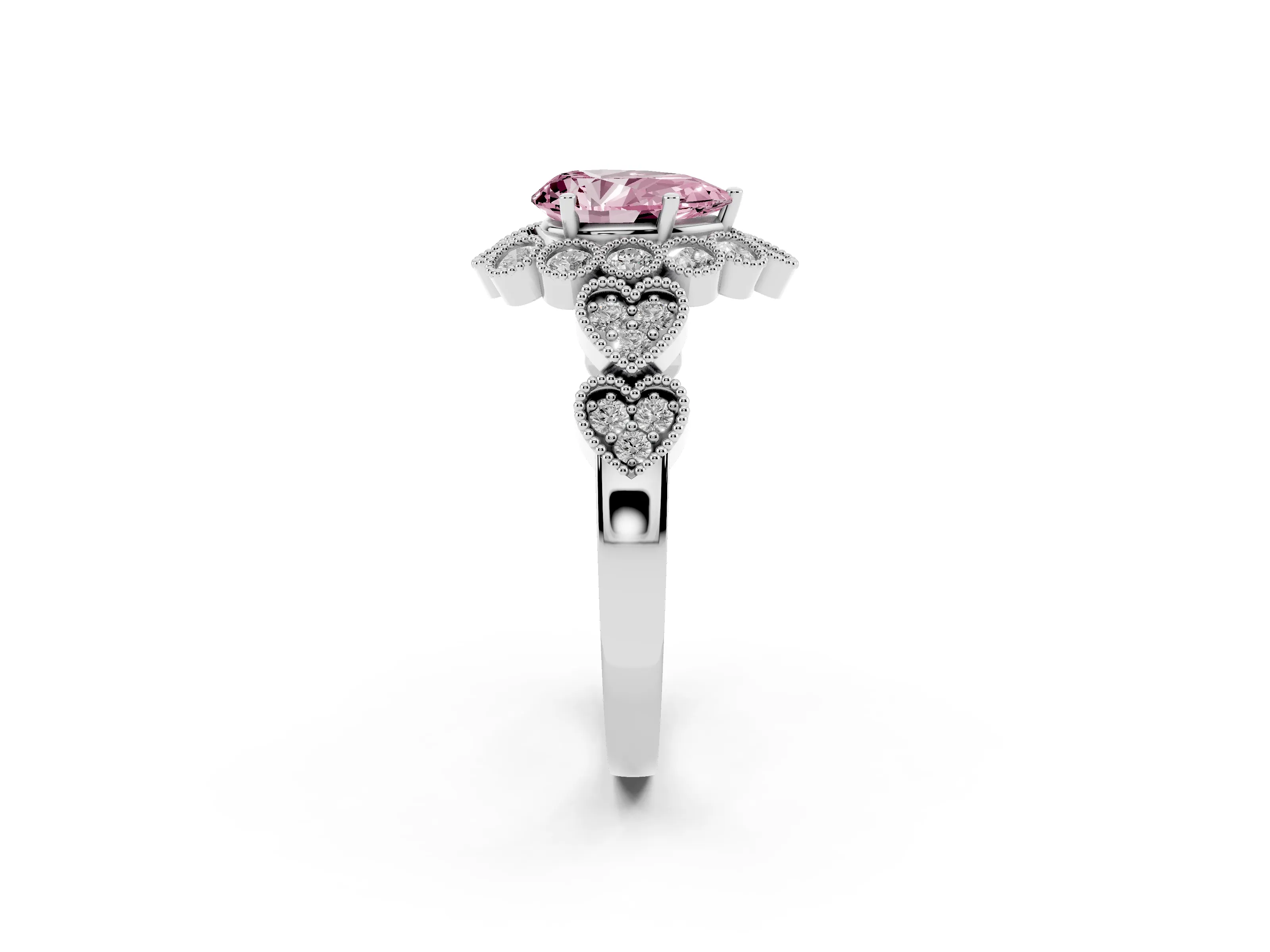 Fancy Pink Pear Cut Diamond Solitaire Ring Set in White gold with Milgrain Pavé Heart Band