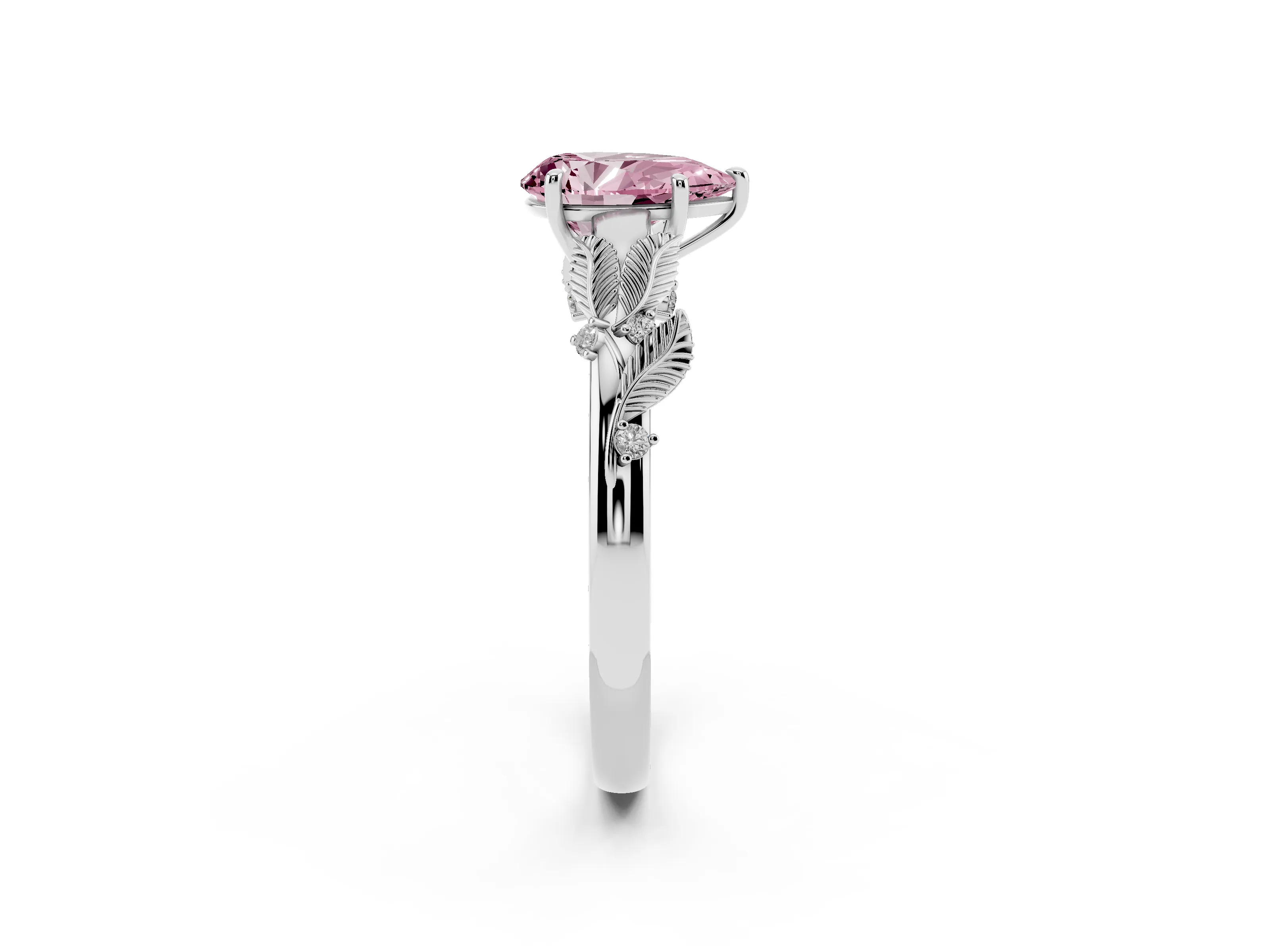 Fancy Pink Pear Cut Diamond Solitaire Ring Set in White gold with Leaf Motif Band