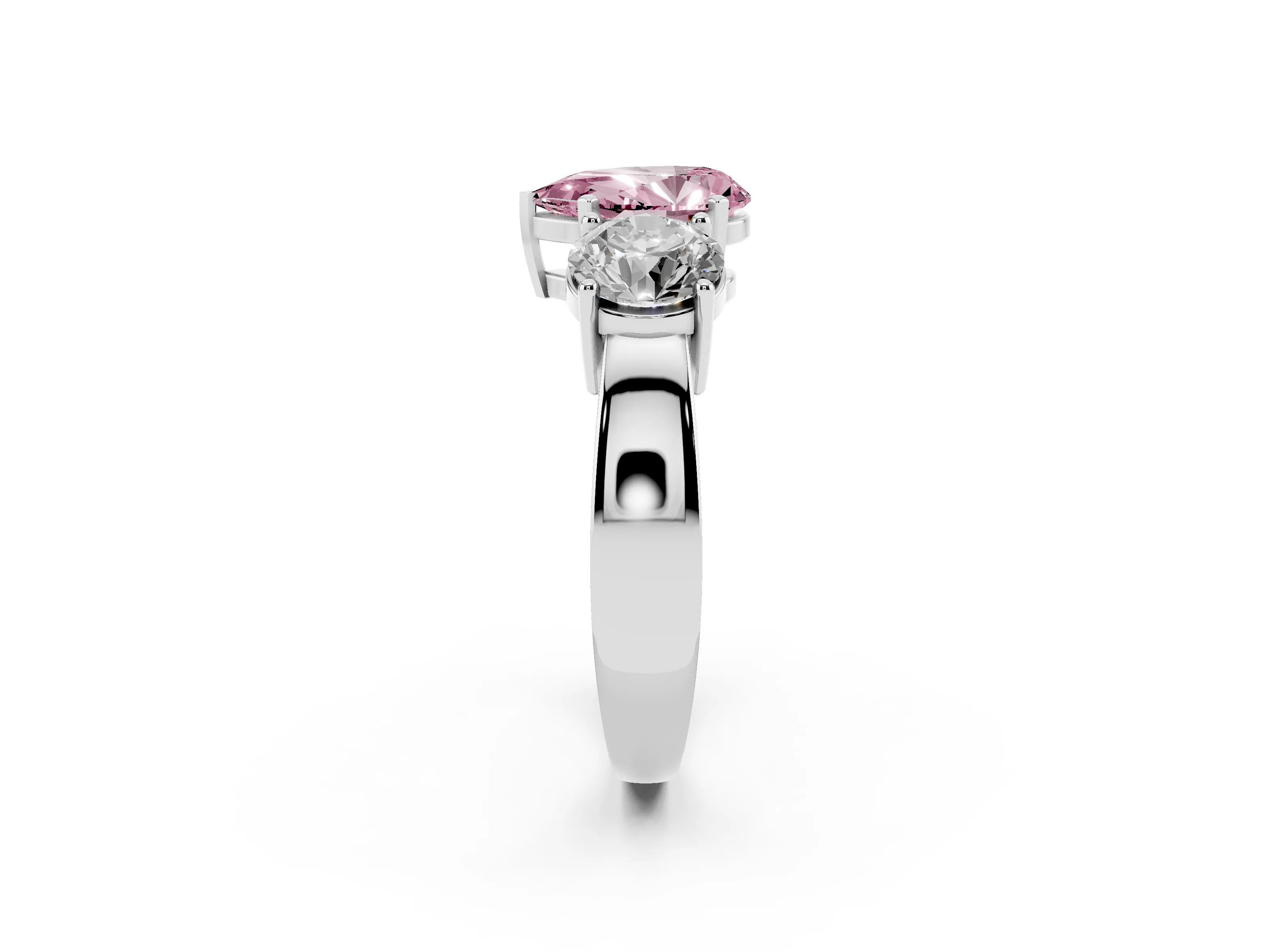 Fancy Pink Pear Cut Diamond Three-Stone Ring Set in Silver with Round Side Stones and Classic Band