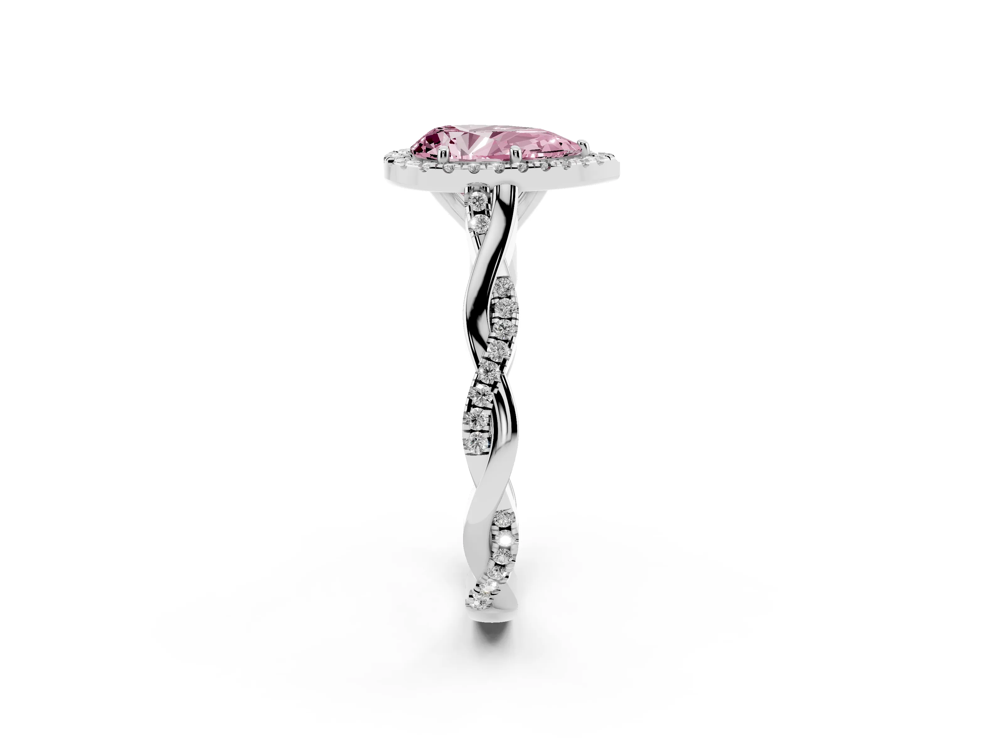 Fancy Pink Pear Cut Diamond Halo Twist Band Solitaire Ring Set in White gold with Prong Setting