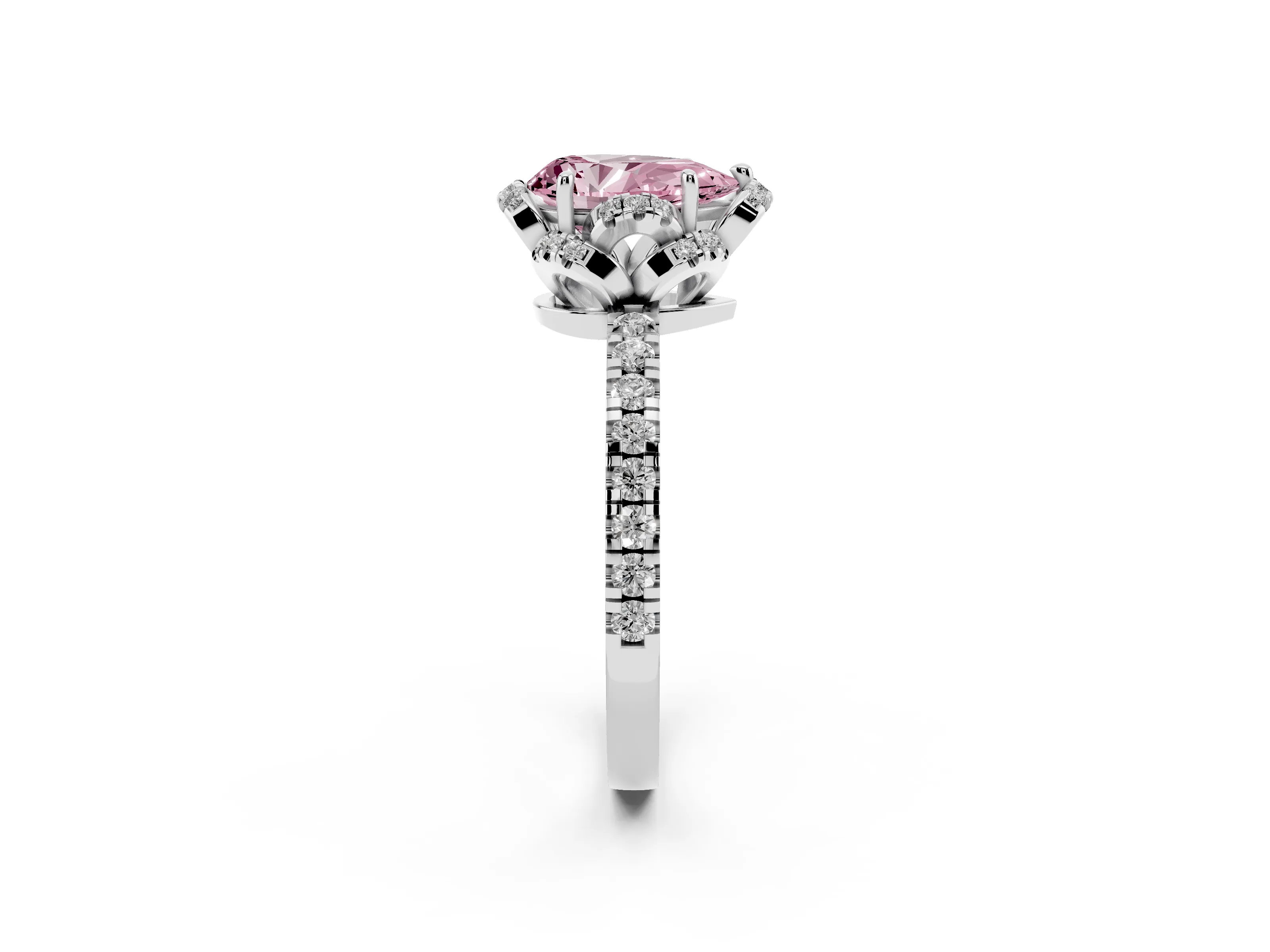 Fancy Pink Pear Cut Diamond Halo Pavé Band Ring Set in Platinum with Prong-Held Center