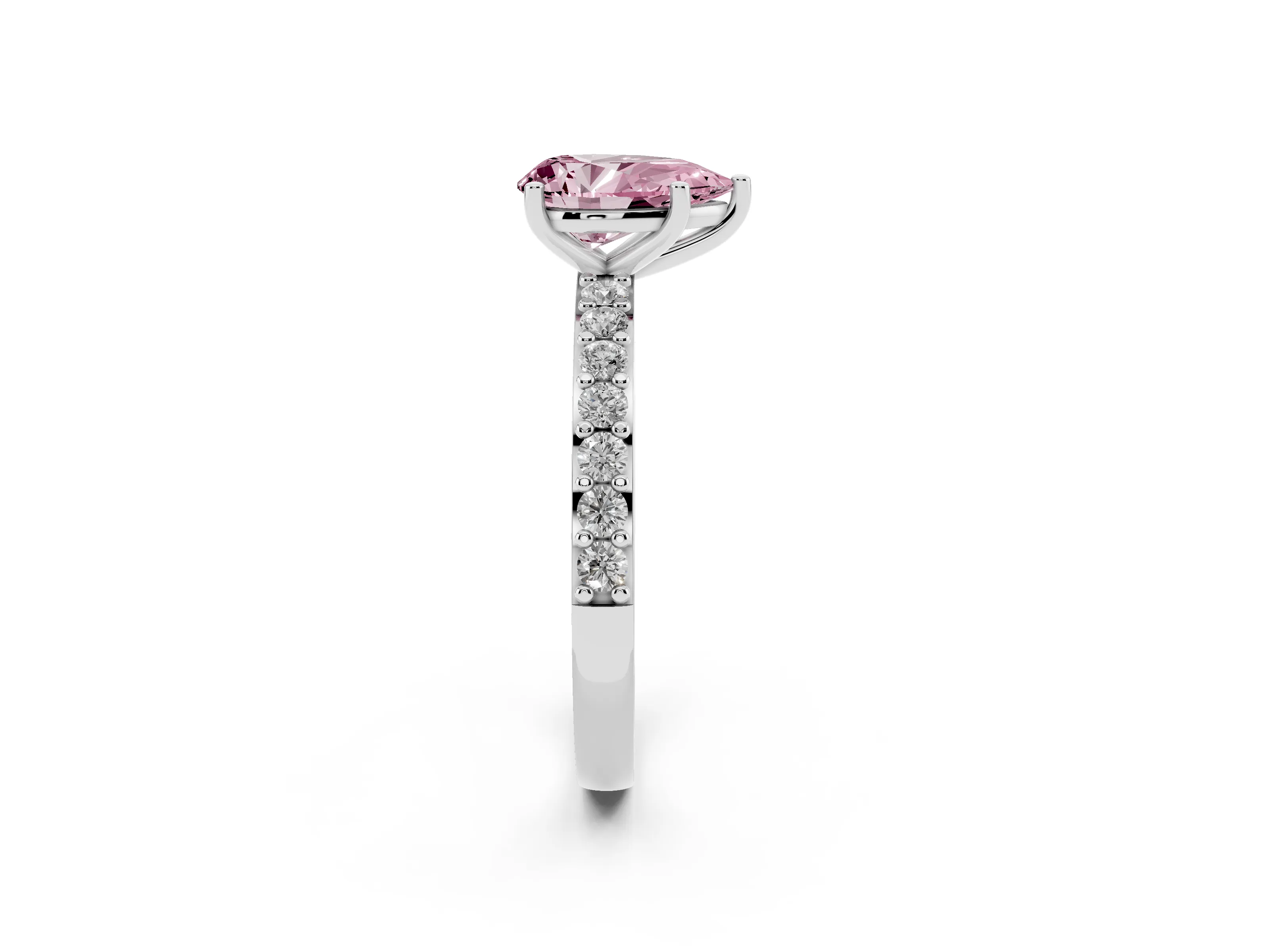 Fancy Pink Pear Cut Diamond Solitaire Set in White gold with Round Pavé Band and Prong Setting