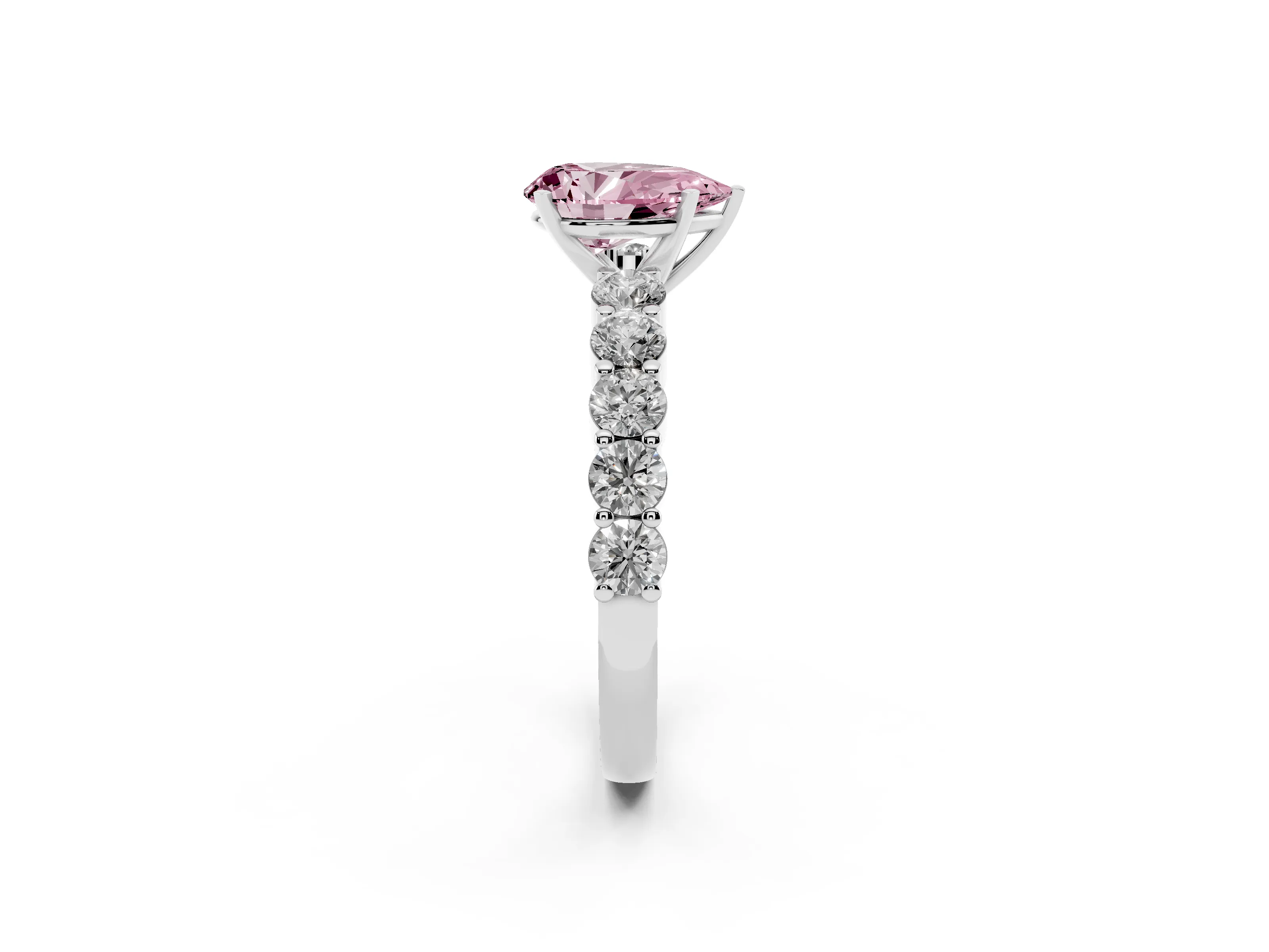 Fancy Pink Pear Cut Diamond Solitaire Ring Set in Silver with Shared Prong Round Side Stones