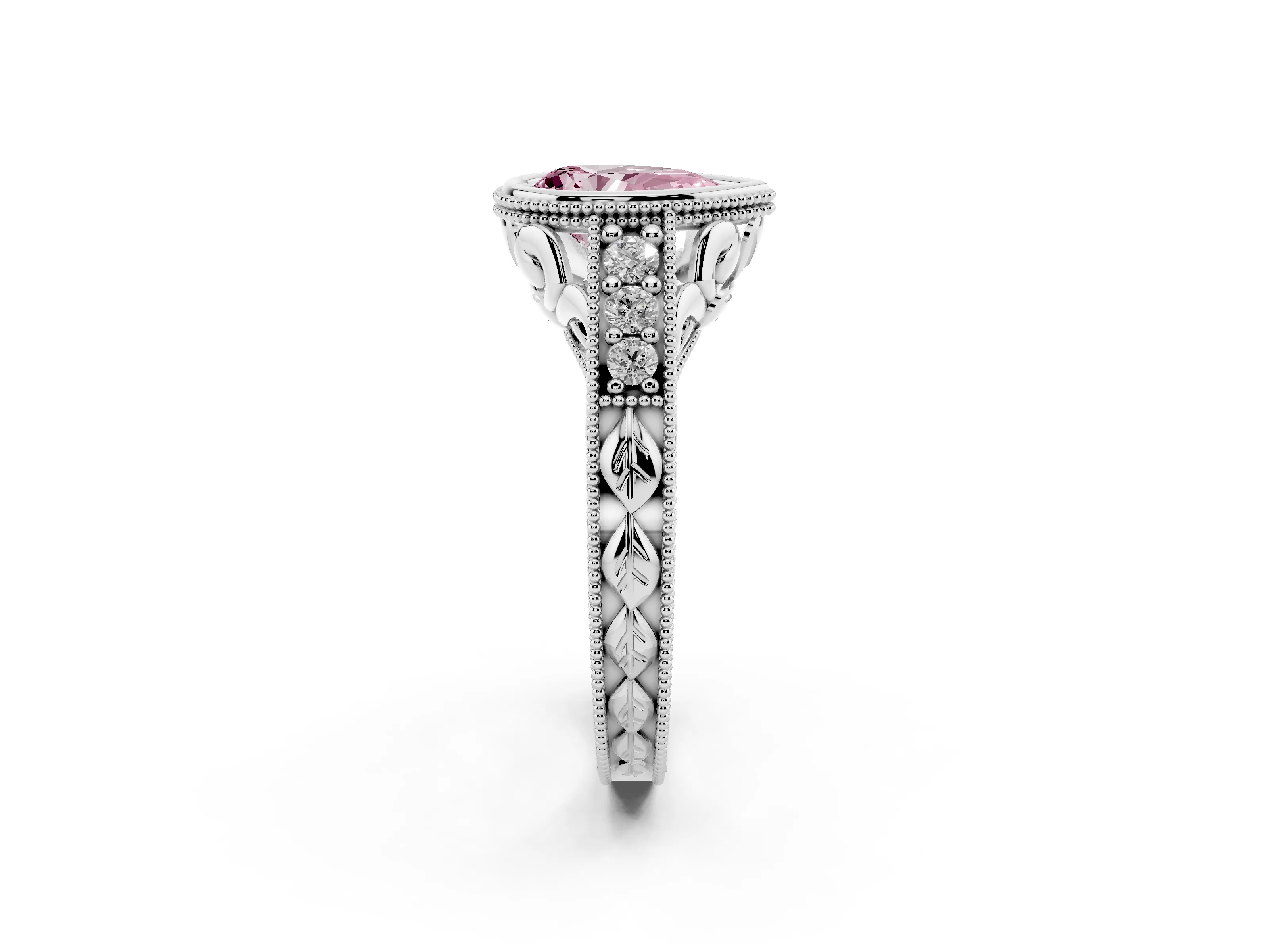 Fancy Pink Bezel Set Pear Cut Diamond Milgrain Pavé Engagement Ring Set in Silver