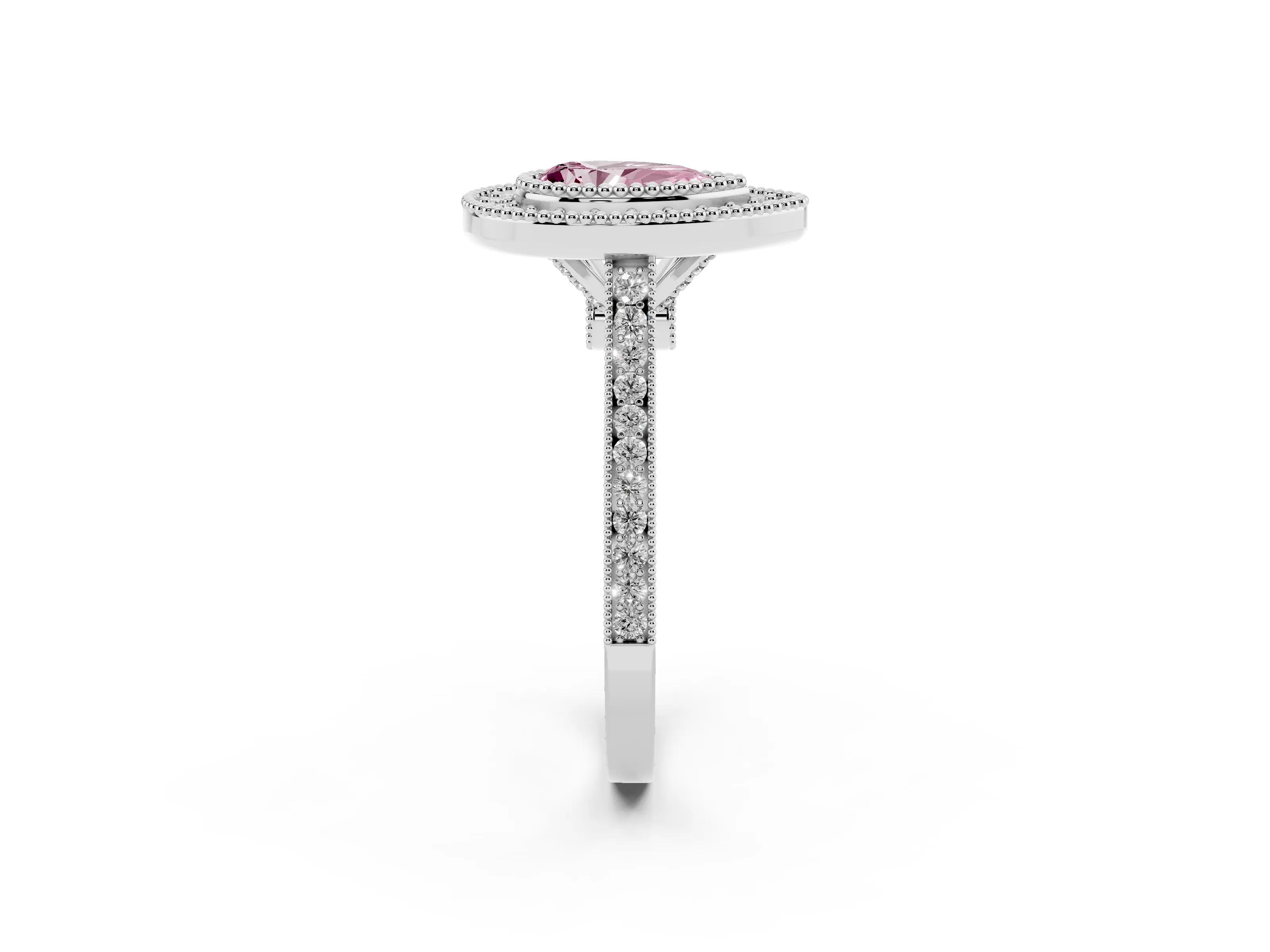 Fancy Pink Pear Cut Diamond Halo Ring Set in Silver with Milgrain Frame and Pavé Band