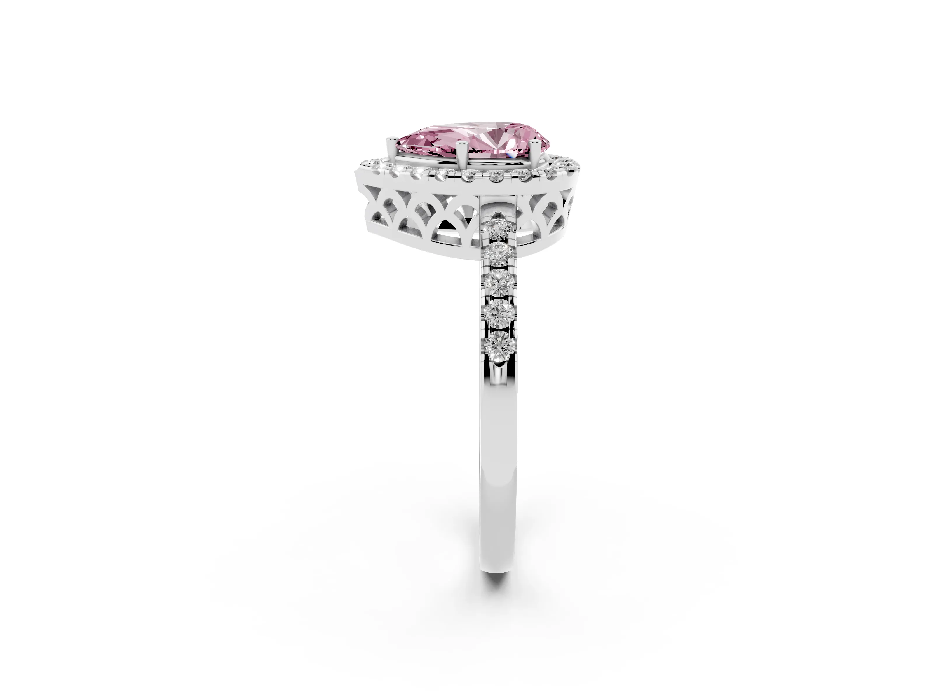 Fancy Pink Pear Cut Diamond Pavé Band Halo Engagement Ring Set in White gold with Prong Setting