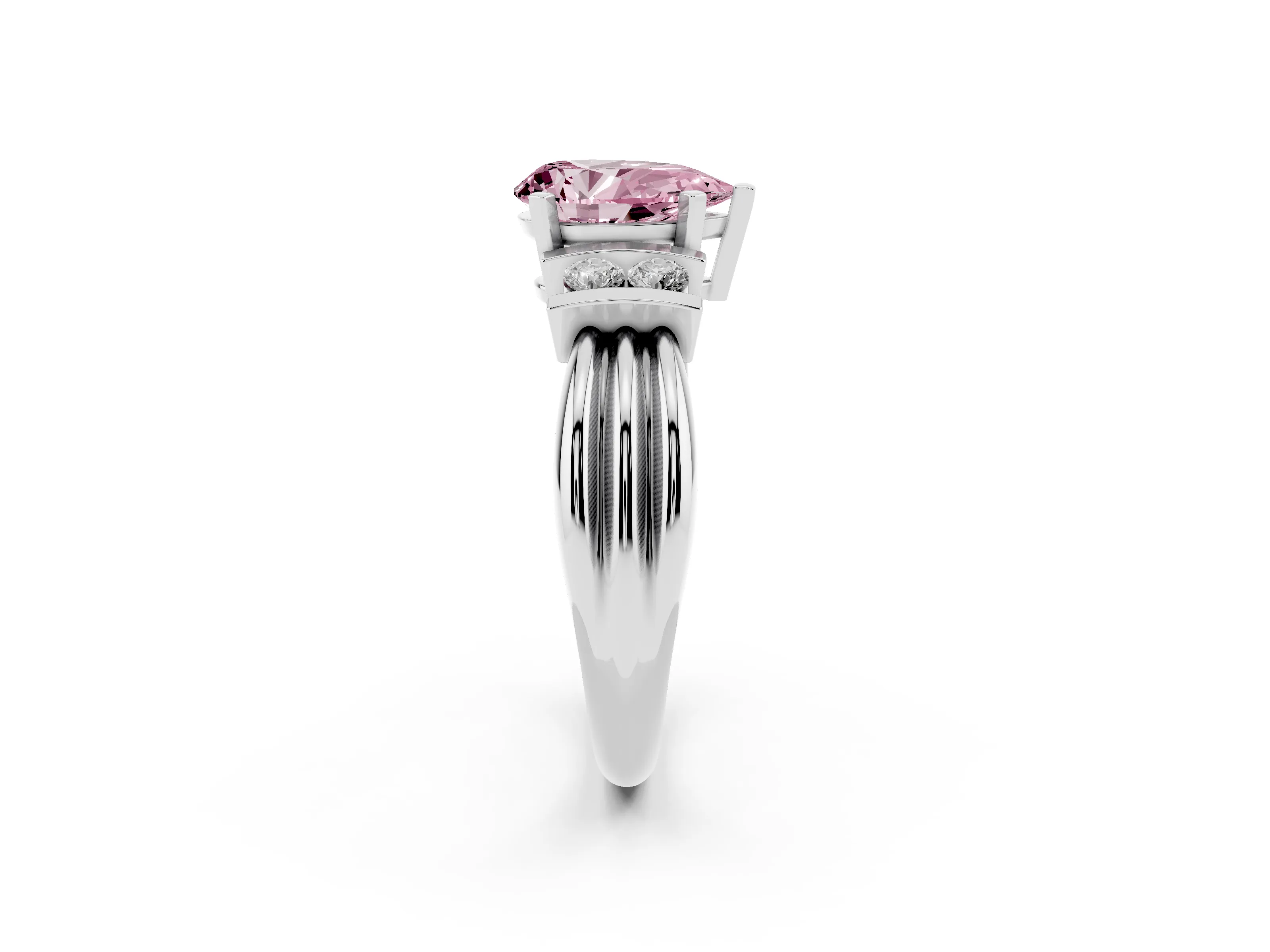 Fancy Pink Three-Stone Pear Cut Diamond Channel Set Ring Set in White gold with Bar Prongs