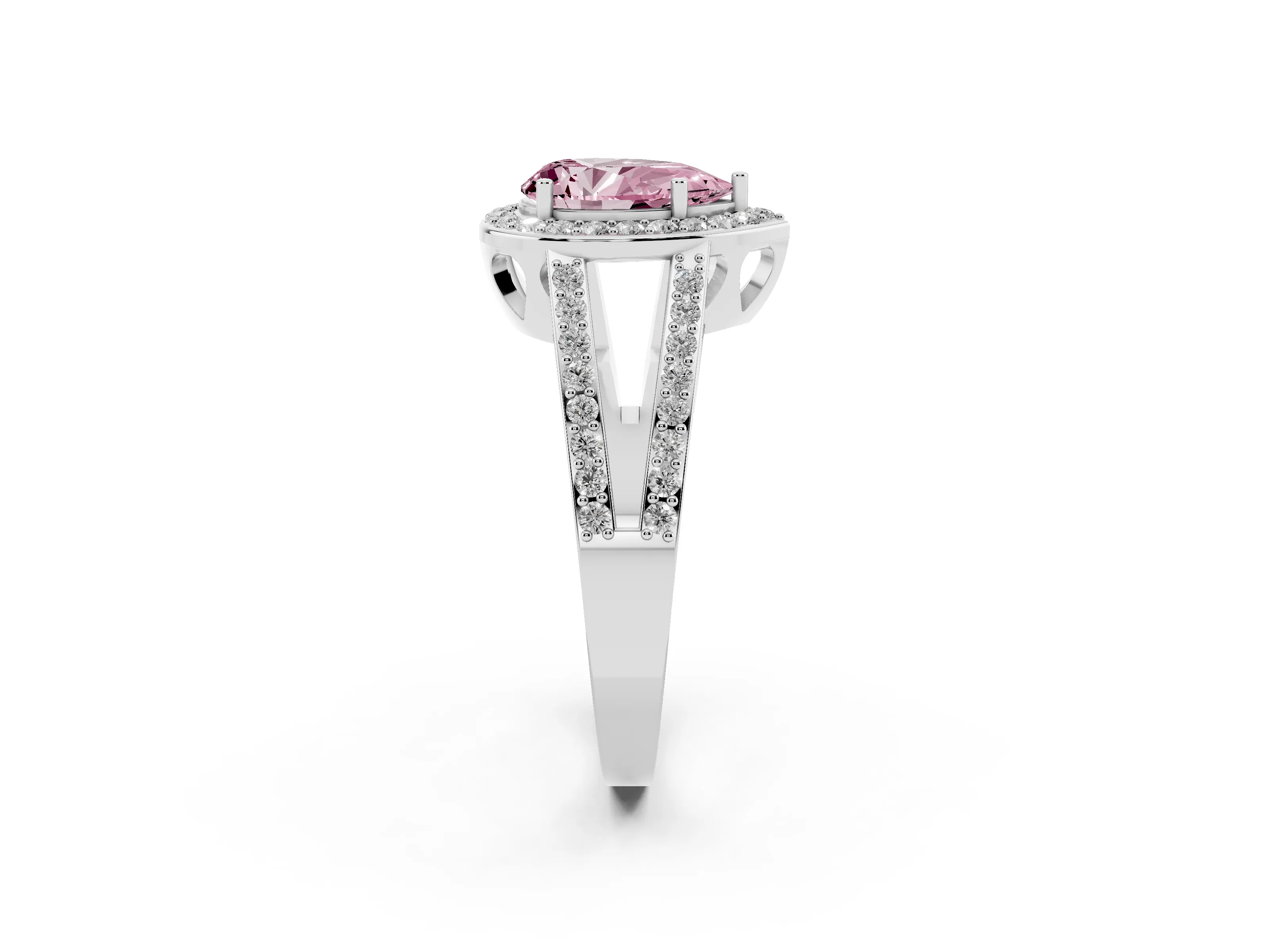 Fancy Pink Pear Cut Diamond Halo Ring Set in Silver with U-Prong Split Shank and Prong Setting
