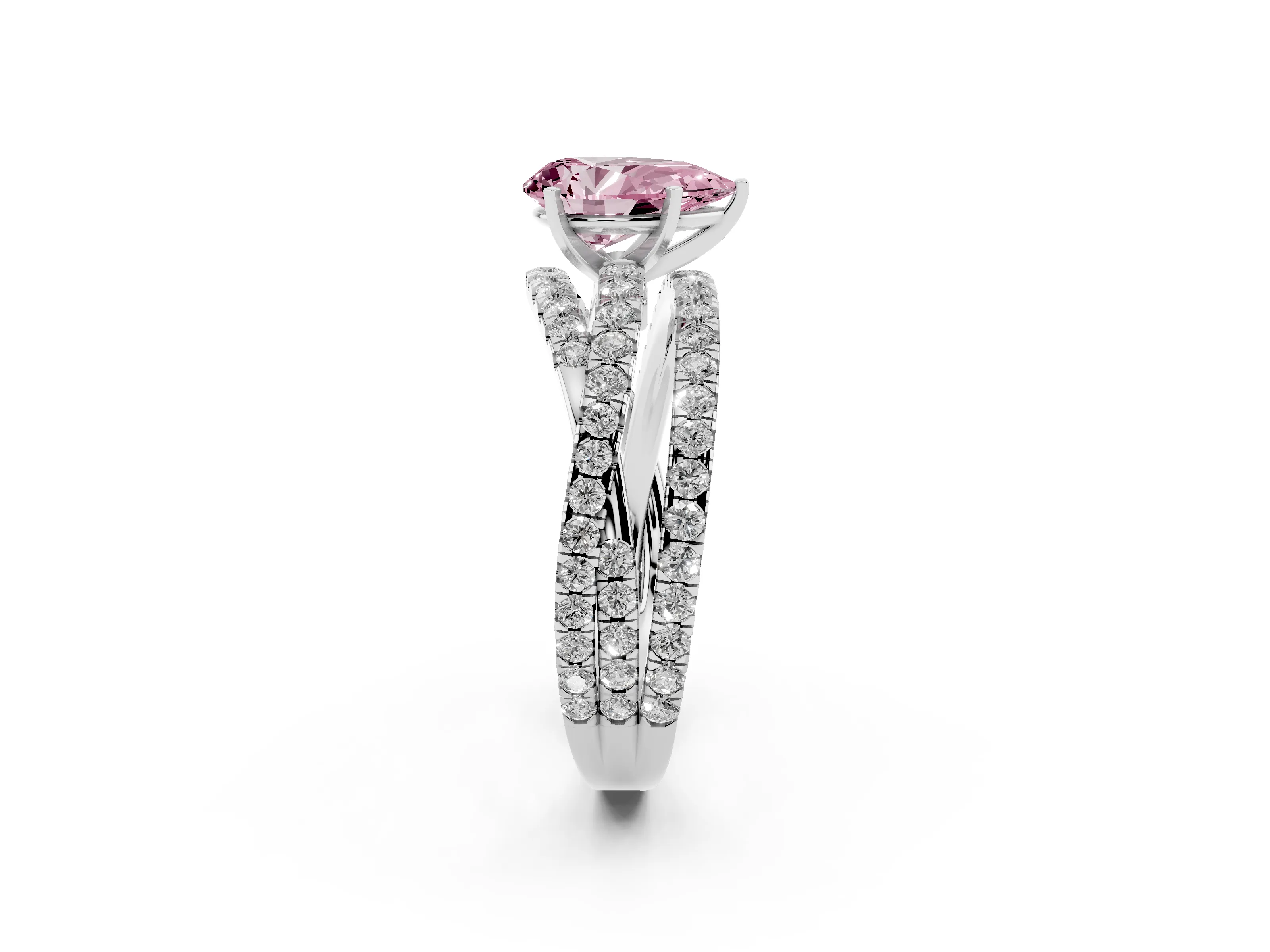 Fancy Pink Pear Cut Diamond Solitaire Twist Band Ring Set in Platinum with Pavé Setting and Prong Head