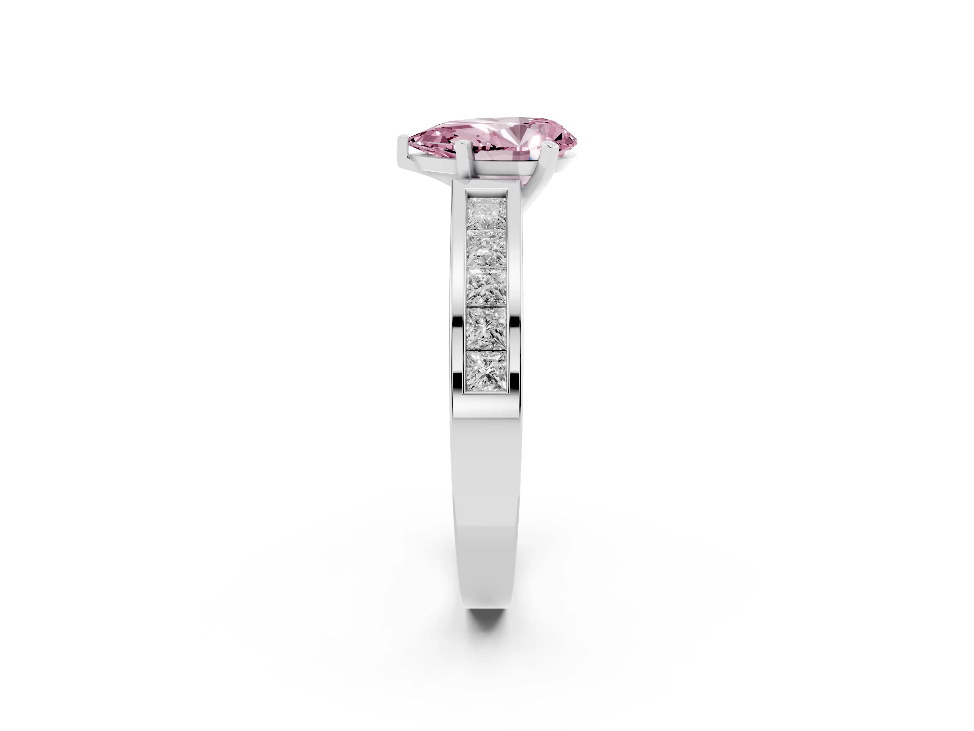 Fancy Pink Pear Cut Diamond Solitaire Ring Set in White gold with Channel-Set Band and Prong Setting