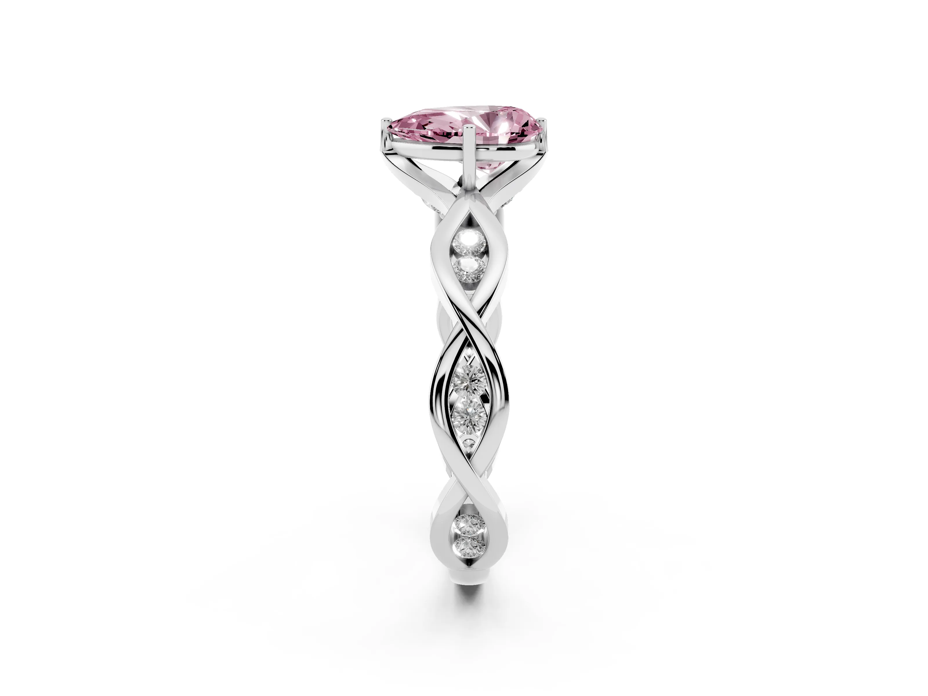 Fancy Pink Pear Cut Diamond Twist Band Solitaire Ring Set in Platinum with Leaf Prong Setting and Accent Stones