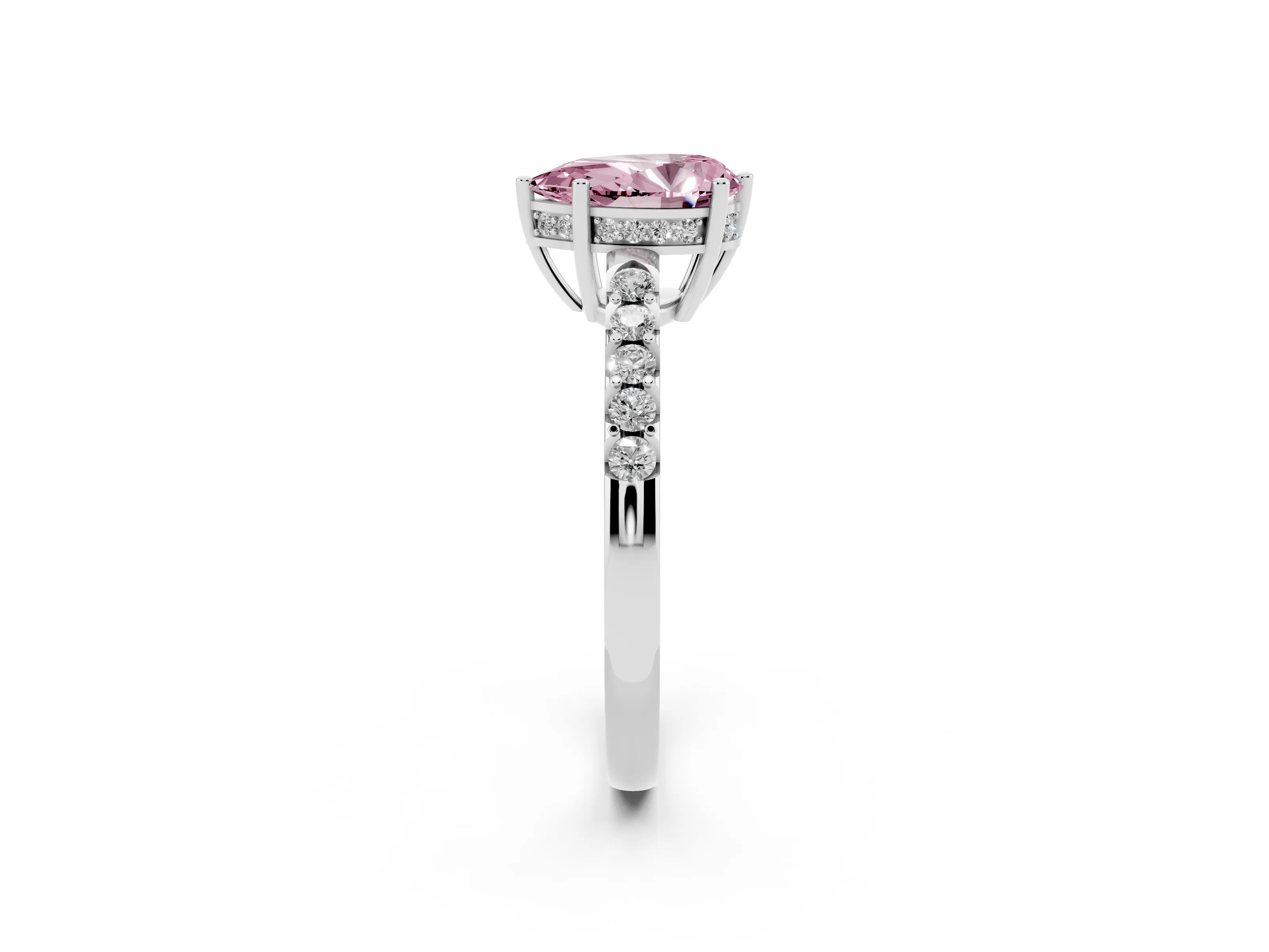 Fancy Pink Pear Cut Diamond Solitaire Engagement Ring Set in Platinum with Pavé Band and Prong Setting