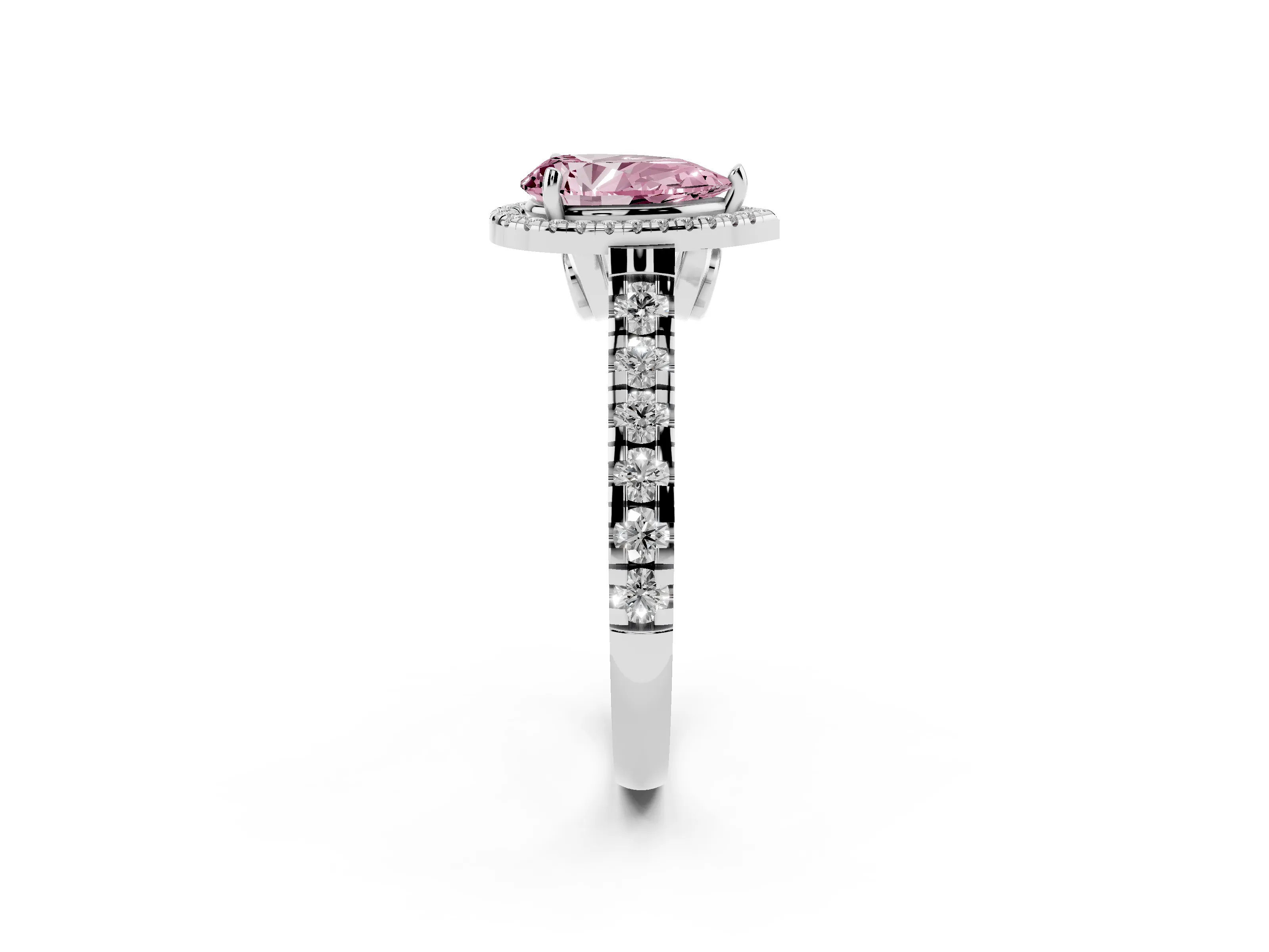 Fancy Pink Pear Cut Diamond Halo Engagement Ring Set in Platinum with Pavé Band and Prong-Set Center