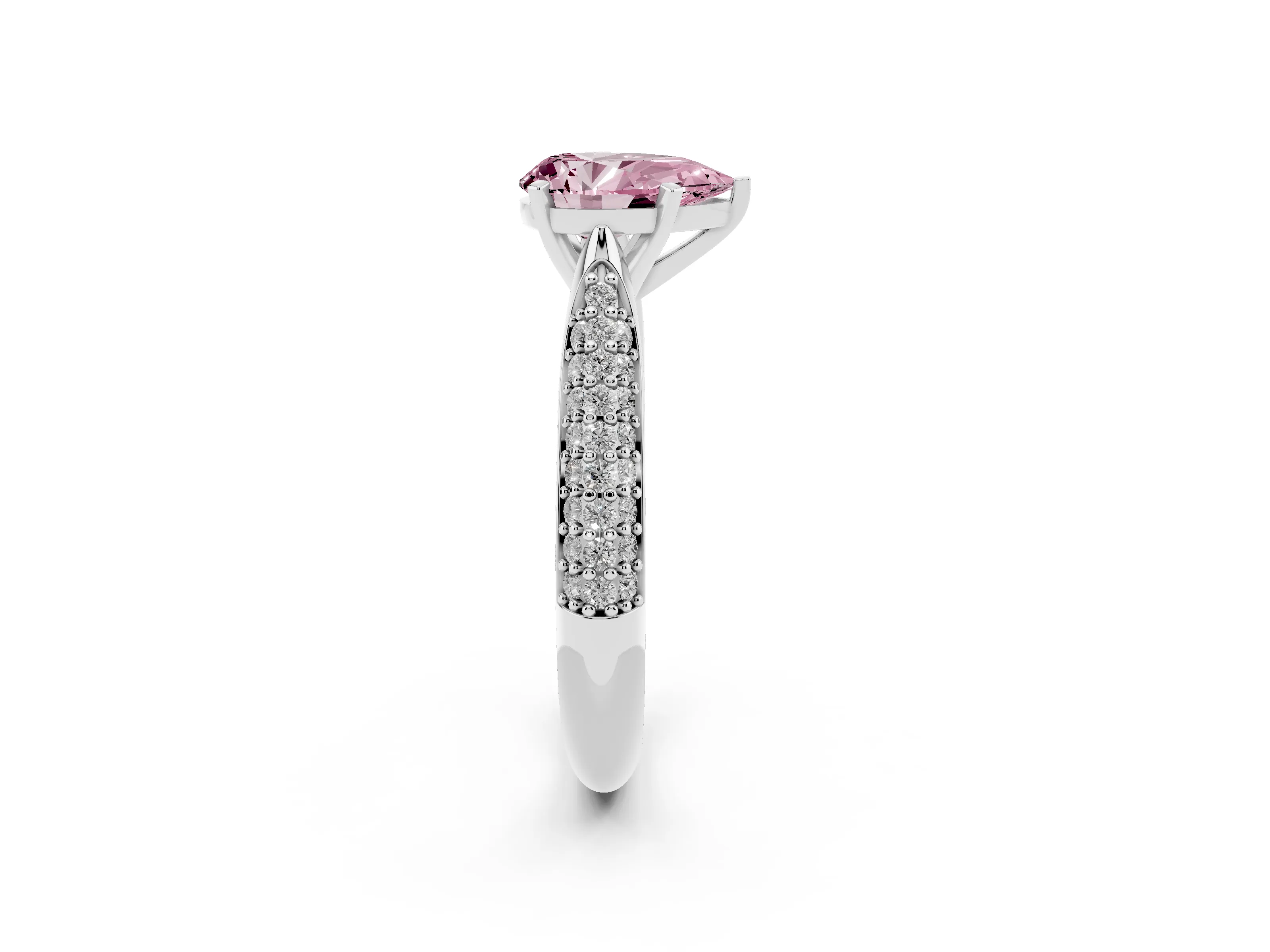 Fancy Pink Pear Cut Diamond Solitaire Engagement Ring Set in White gold with Multi-Row Round Pavé Band and Prong Setting