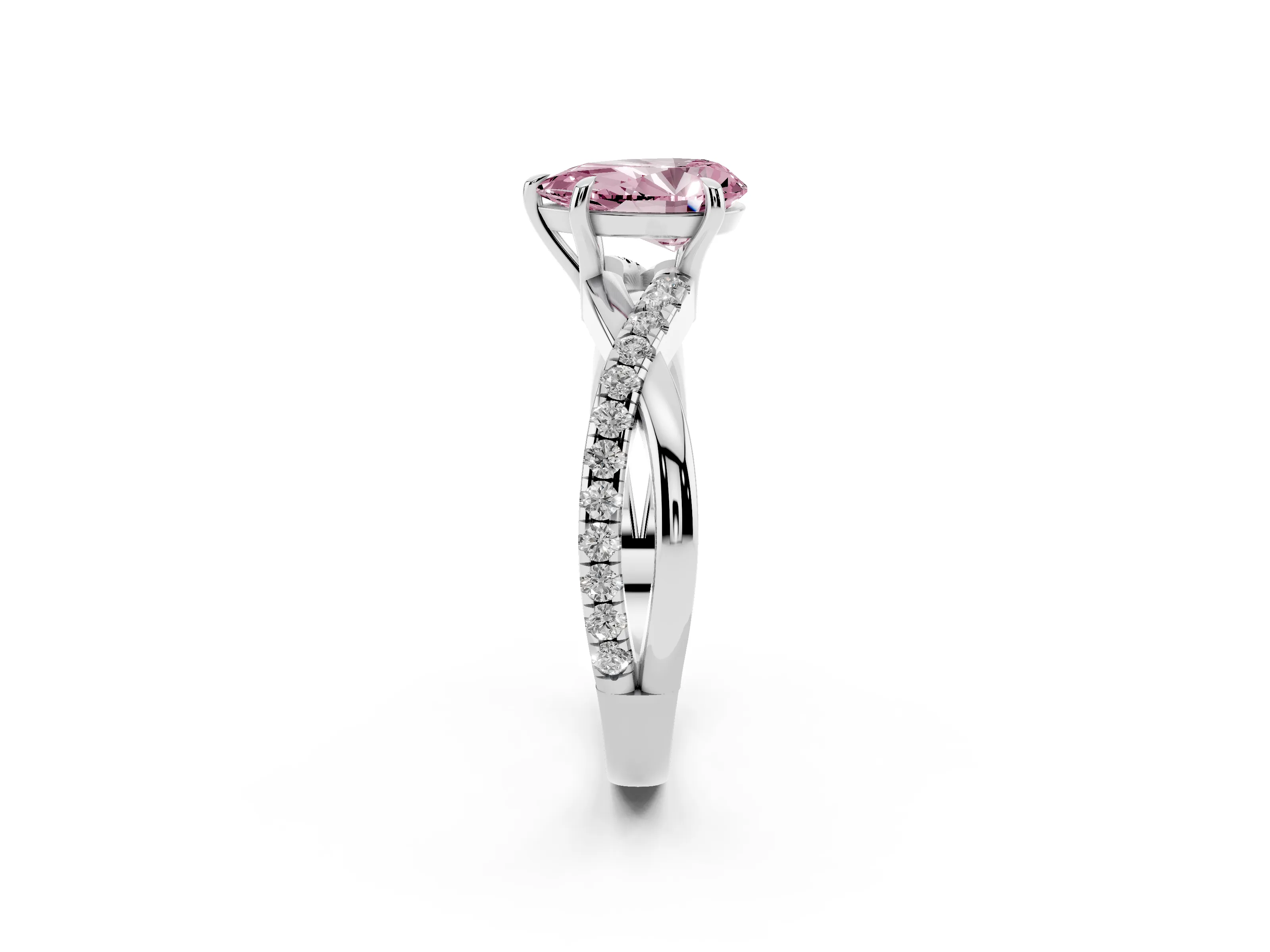 Fancy Pink Pear Cut Diamond Twisted Pavé Band Ring Set in Silver with Prong Setting