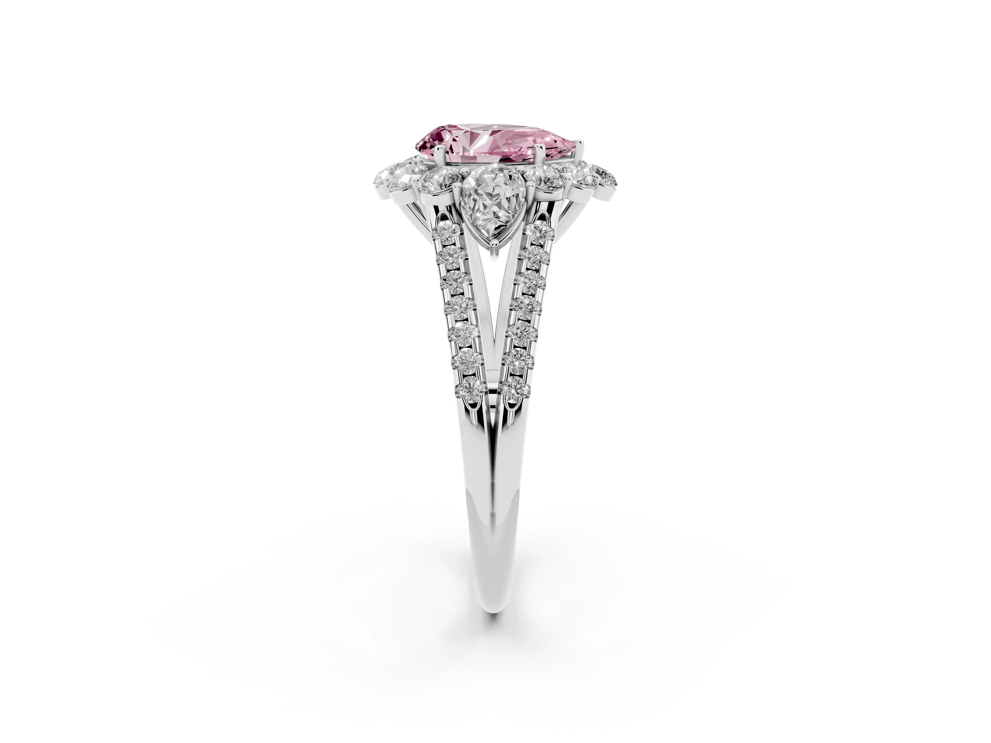 Fancy Pink Pear Cut Diamond Halo Split Shank Engagement Ring Set in Silver with Prong-Held Center Stone