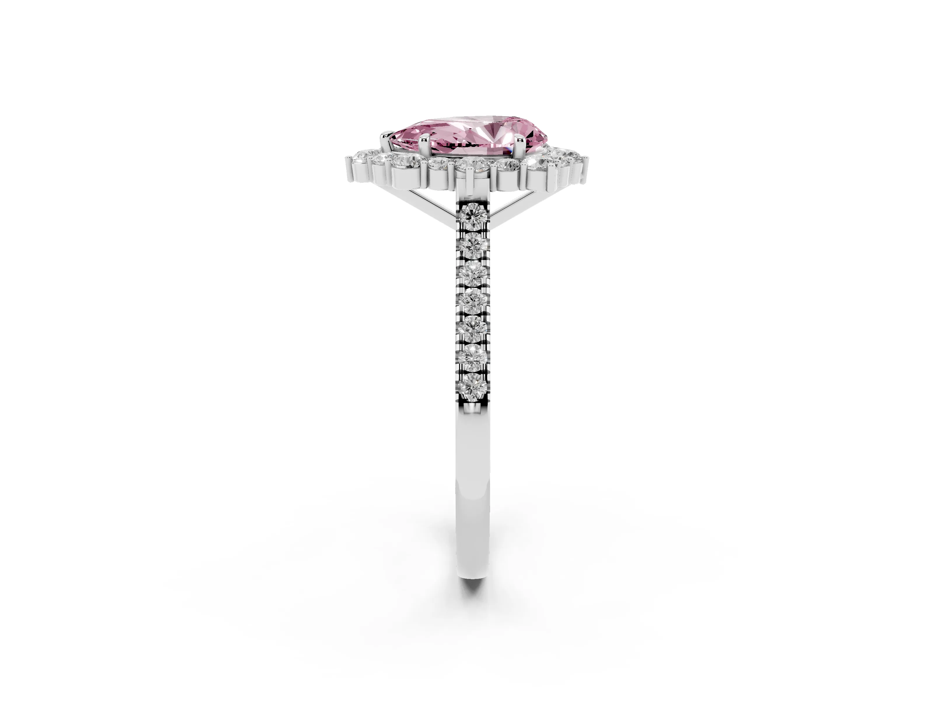 Fancy Pink Pear Cut Diamond Halo Ring Set in White gold with Pavé Band and Prong Setting
