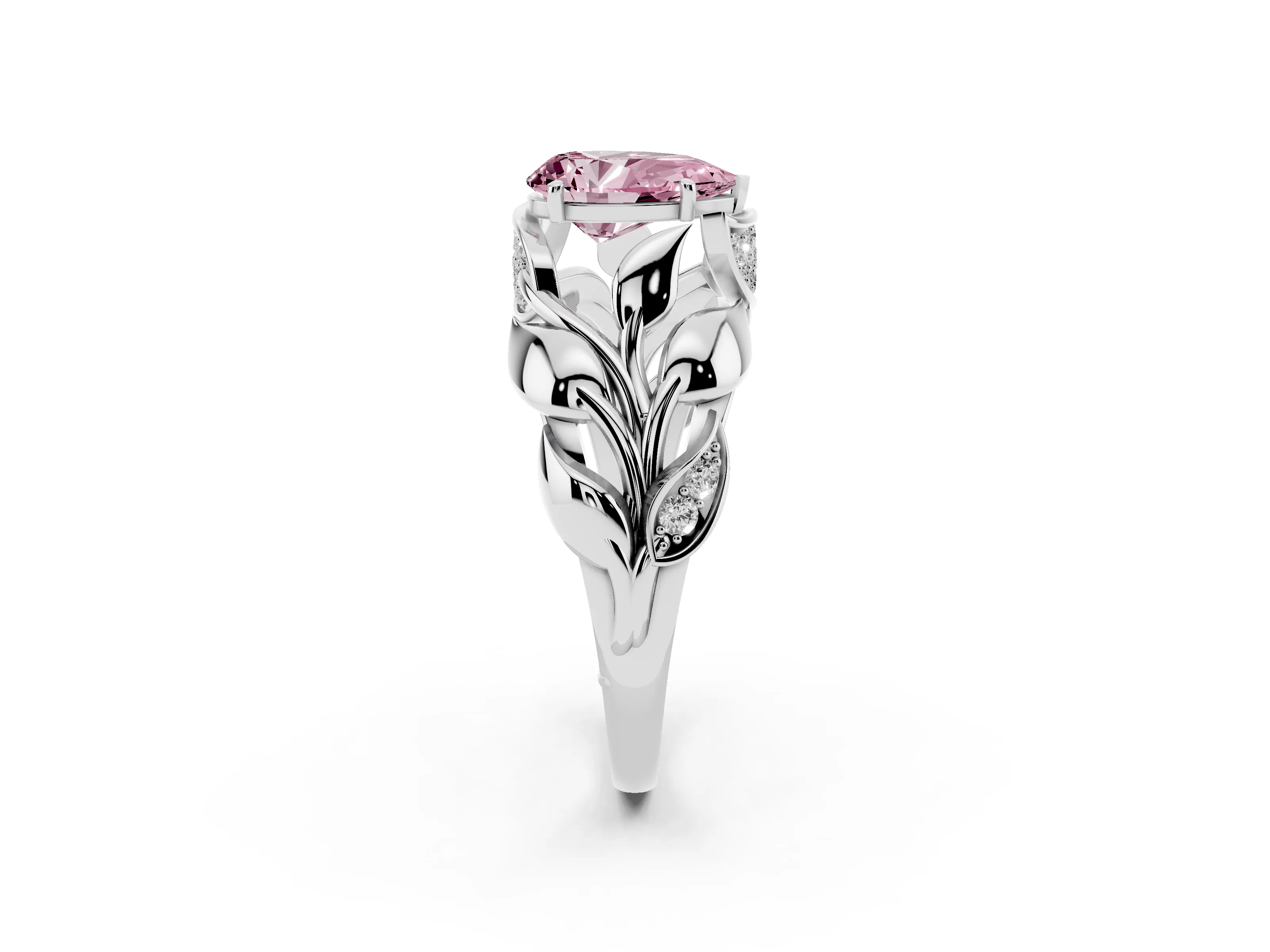 Fancy Pink Pear Cut Diamond Leaf-Inspired Engagement Ring Set in Silver with Round Accents