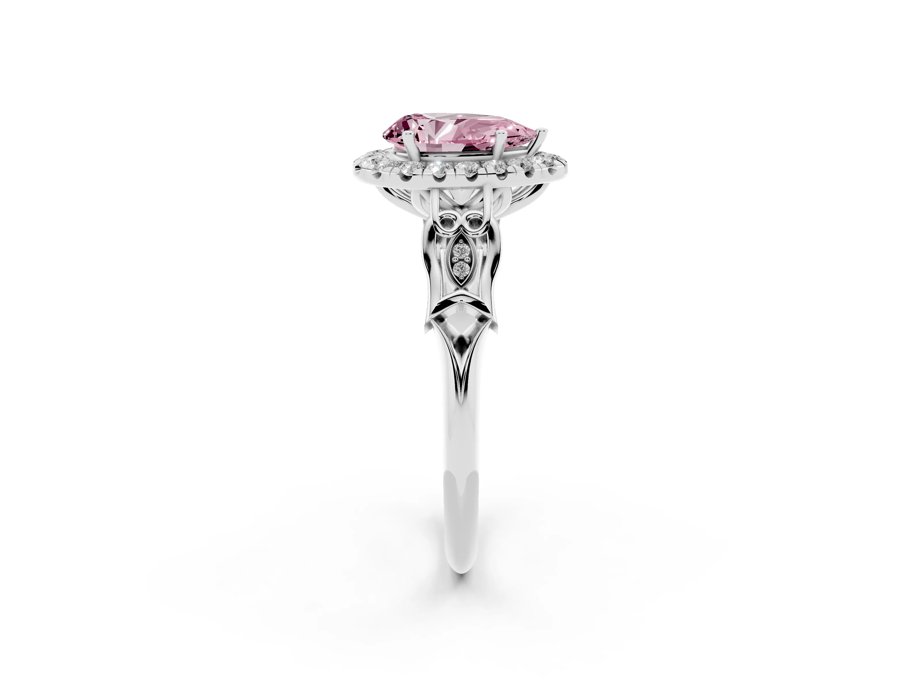 Fancy Pink Pear Cut Diamond Halo Engagement Ring Set in Platinum with Filigree Band and Prong-Set Center