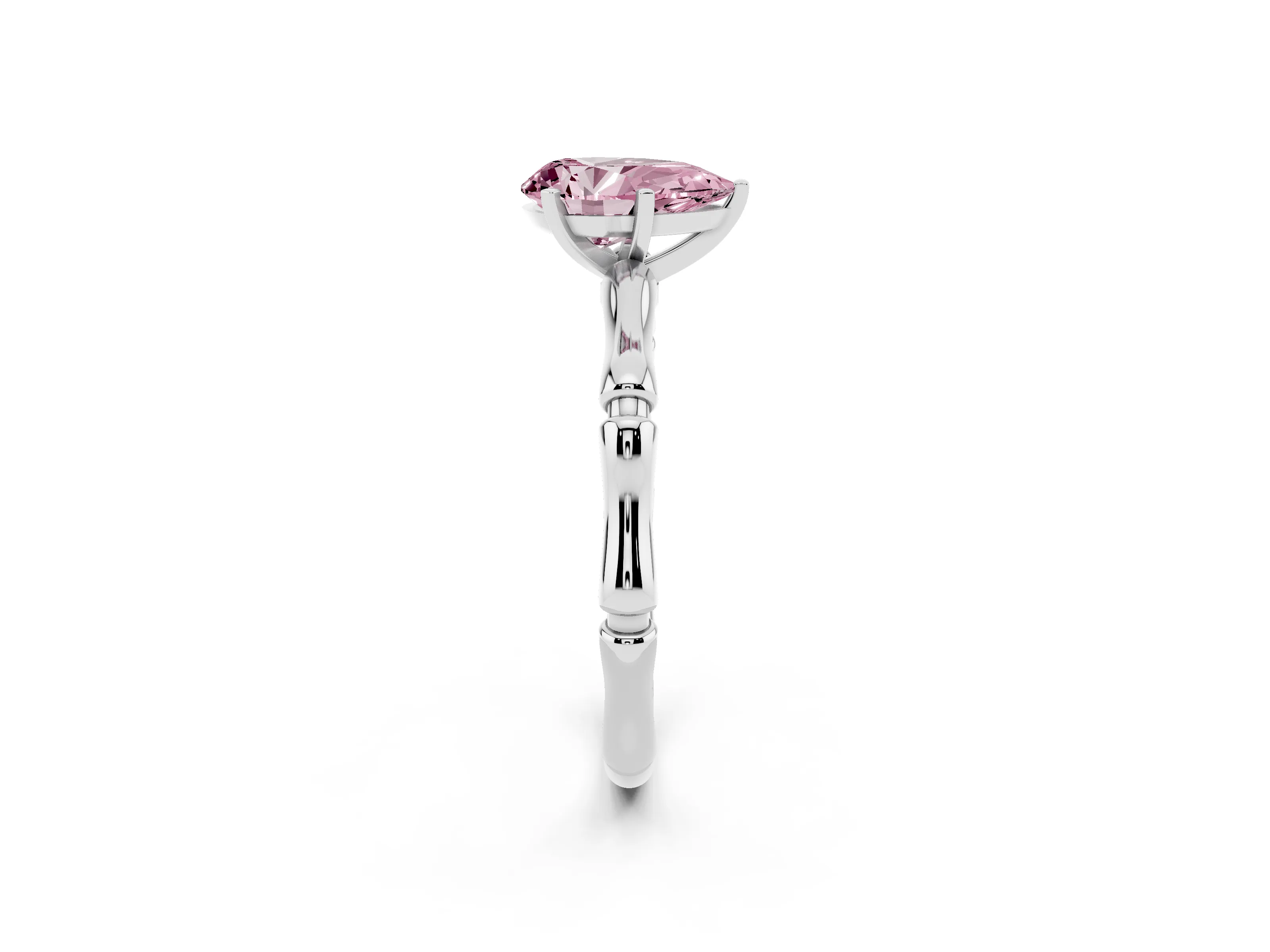 Fancy Pink Pear Cut Diamond Solitaire Ring Set in Platinum with Bamboo Band and Prong Setting