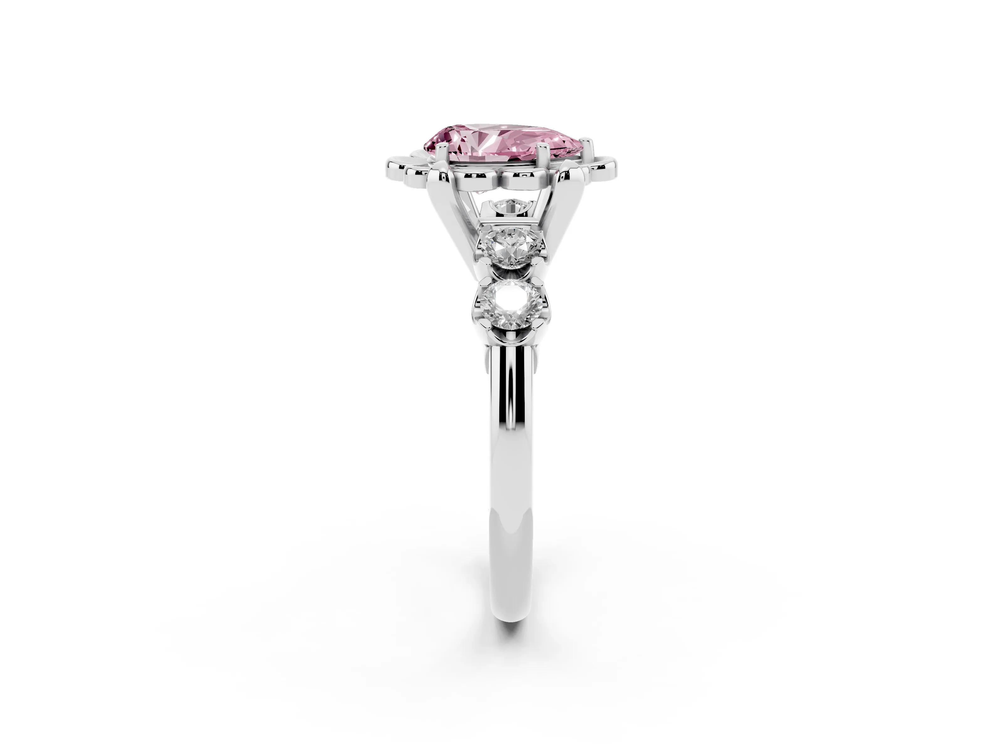 Fancy Pink Pear Cut Diamond Floral Halo Ring Set in White gold with Shared Prong Band
