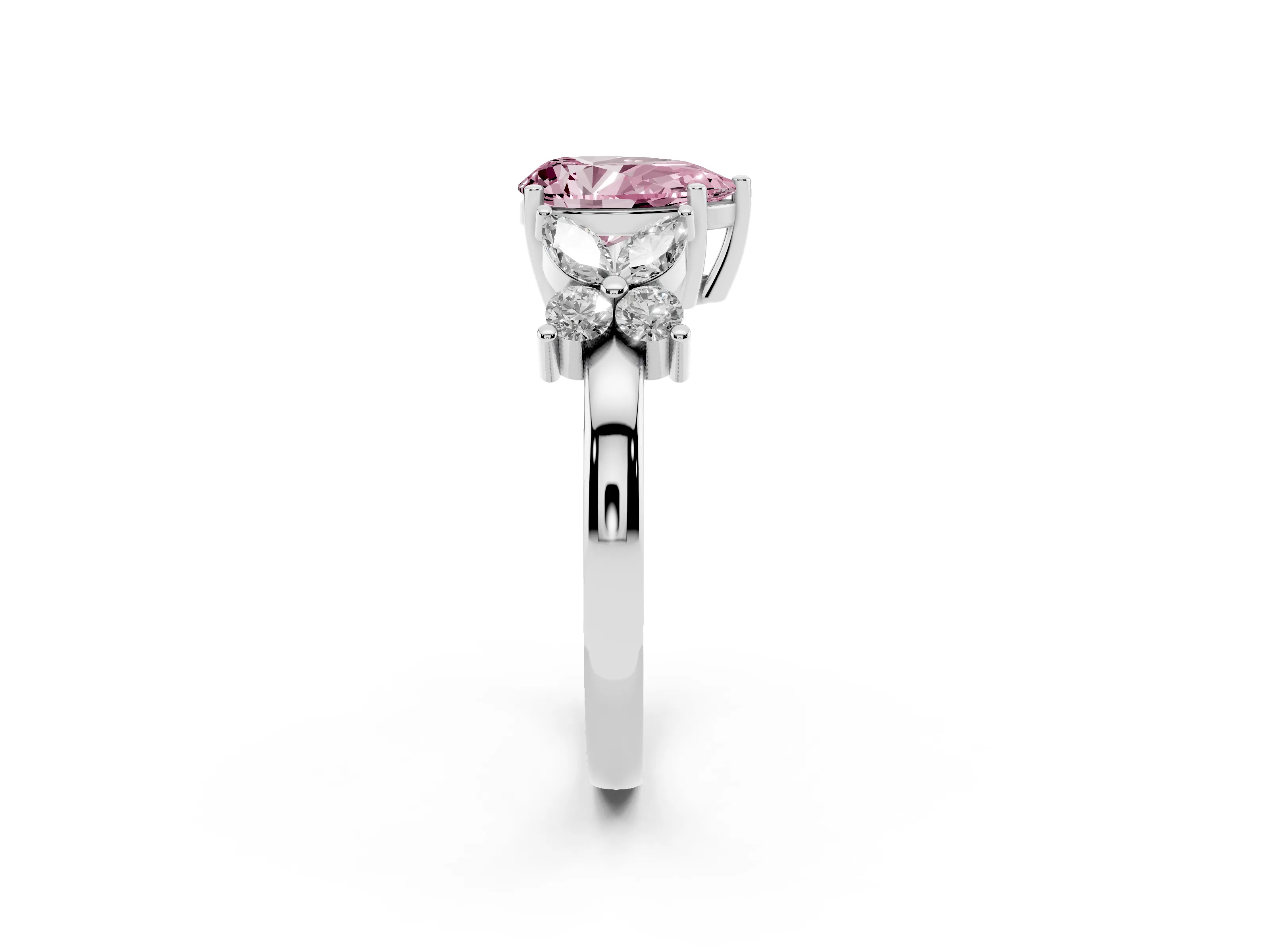 Fancy Pink Pear Cut Diamond Floral Cluster Ring Set in Platinum with Marquise Petals and Prong Setting