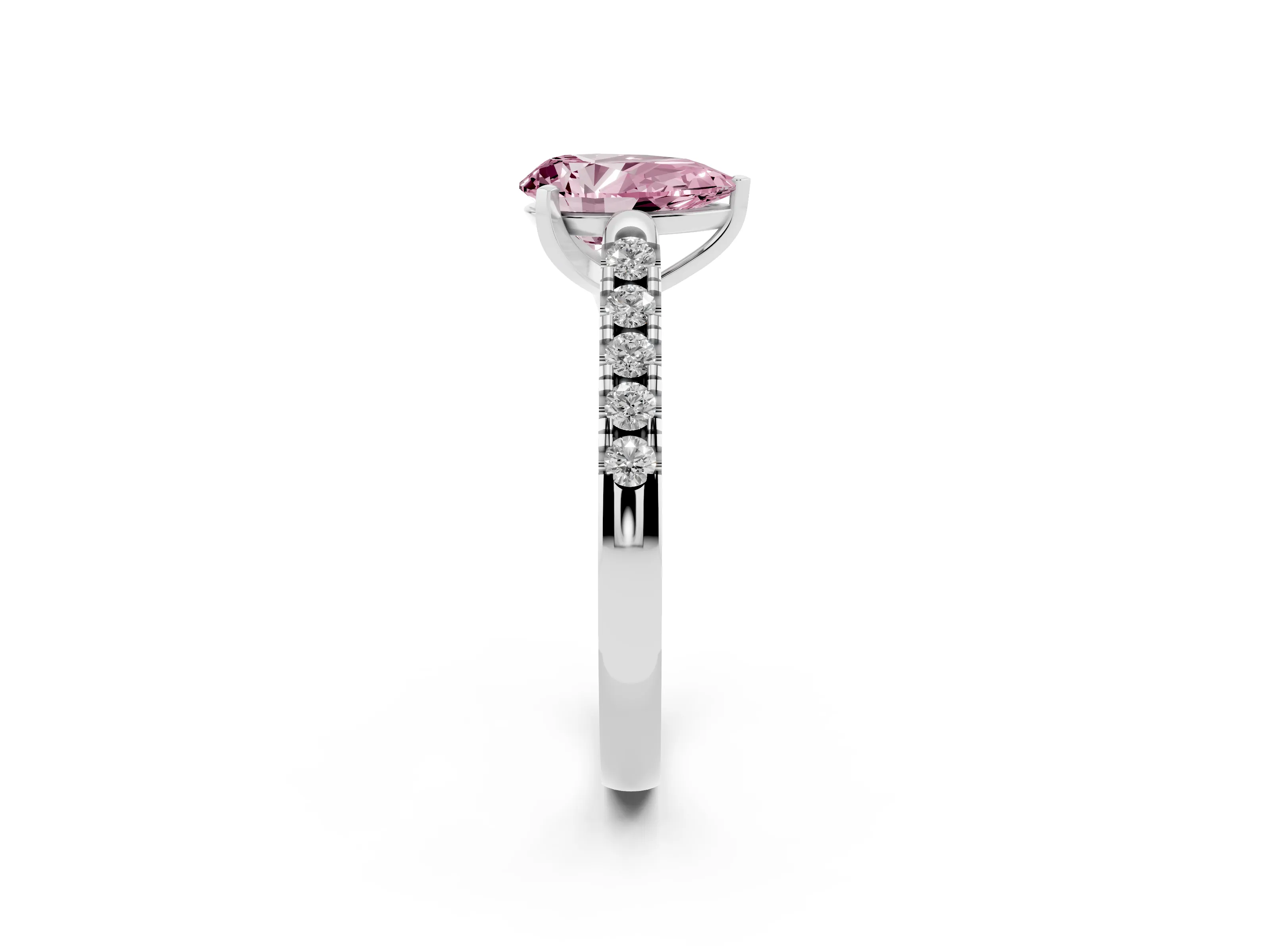 Fancy Pink Pear Cut Diamond Pavé Band Solitaire Ring Set in White gold with Partway Accent Stones and Prong Setting