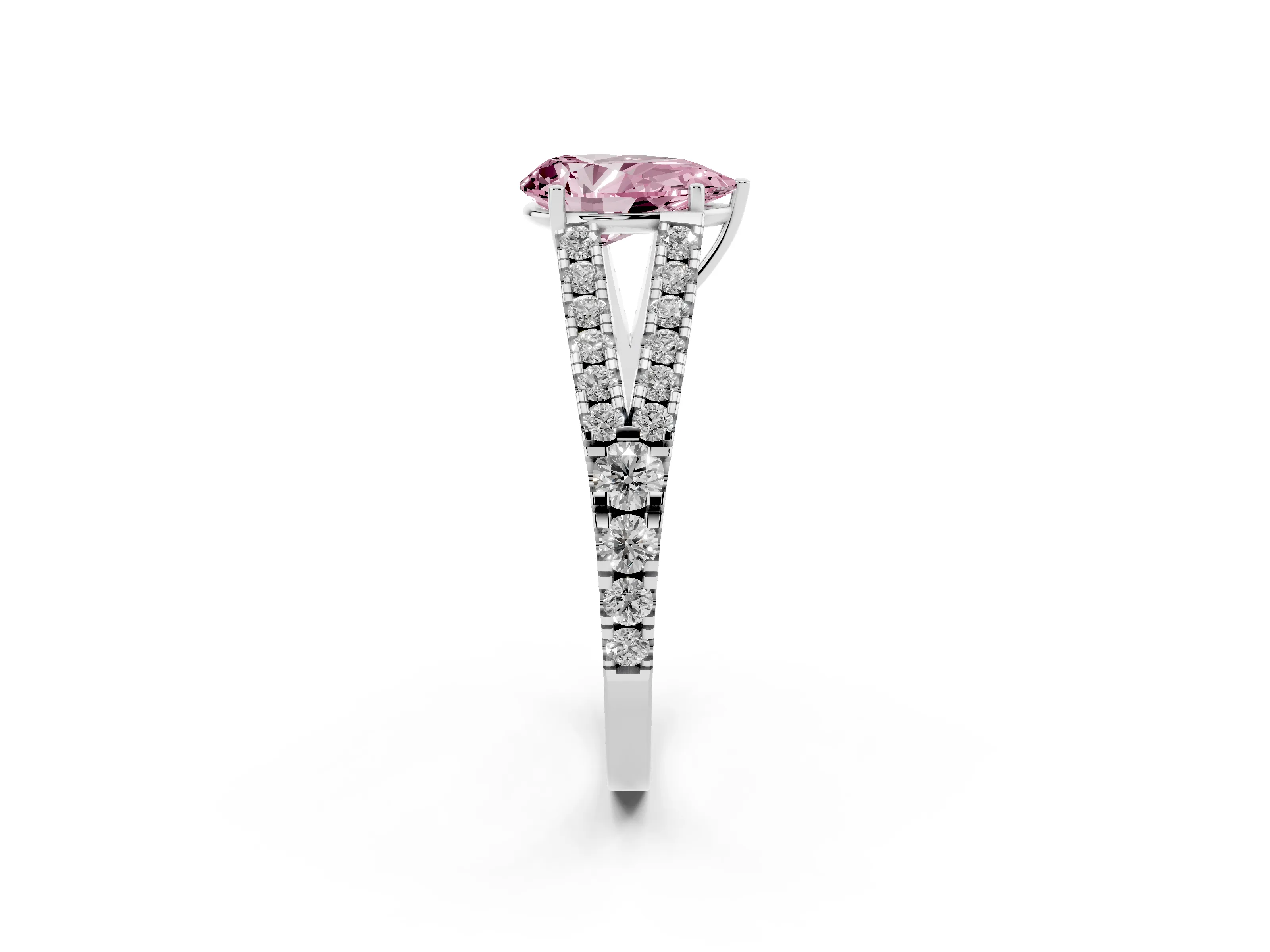 Fancy Pink Pear Cut Diamond Split Shank Pavé Engagement Ring Set in Platinum with Prong-Held Center Stone