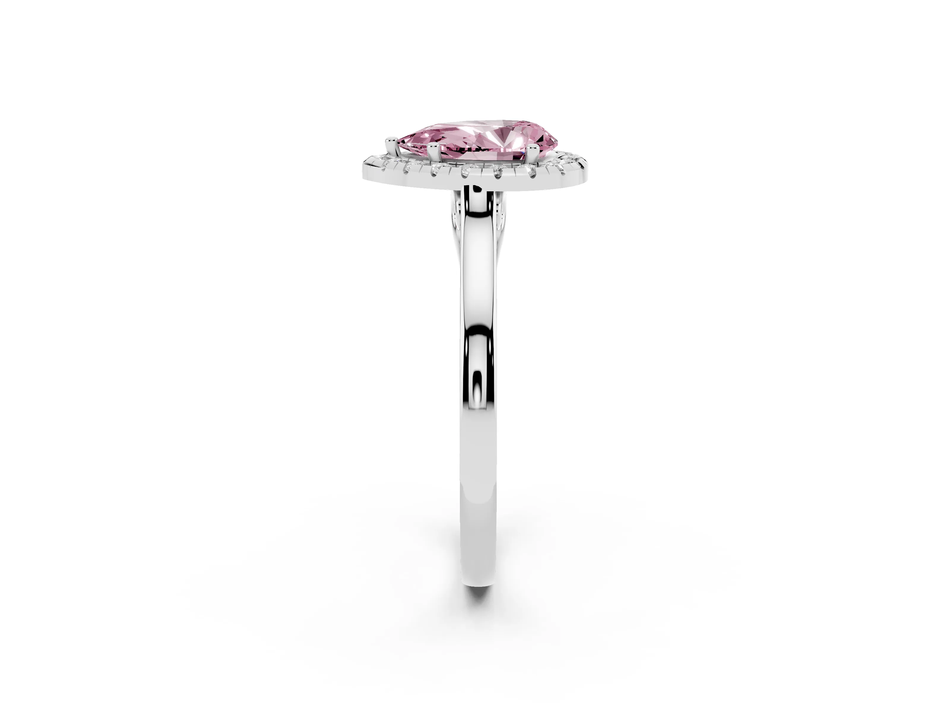 Fancy Pink Pear Cut Halo Round Diamond Solitaire Ring Set in Platinum with Pavé Band and Prong Setting