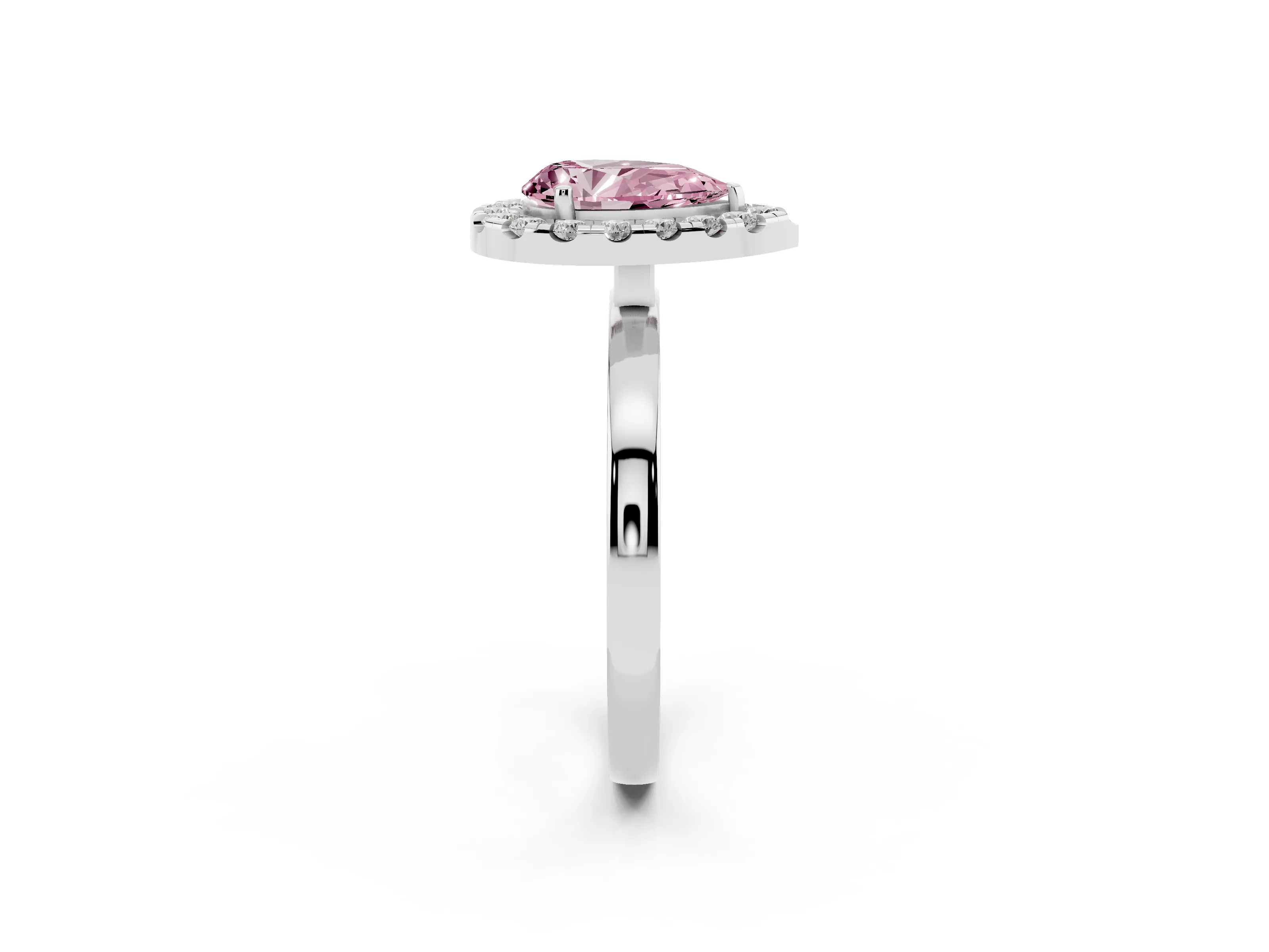 Fancy Pink Pear Cut Diamond Halo Solitaire Ring Set in Silver with Pavé Band and Prong Setting