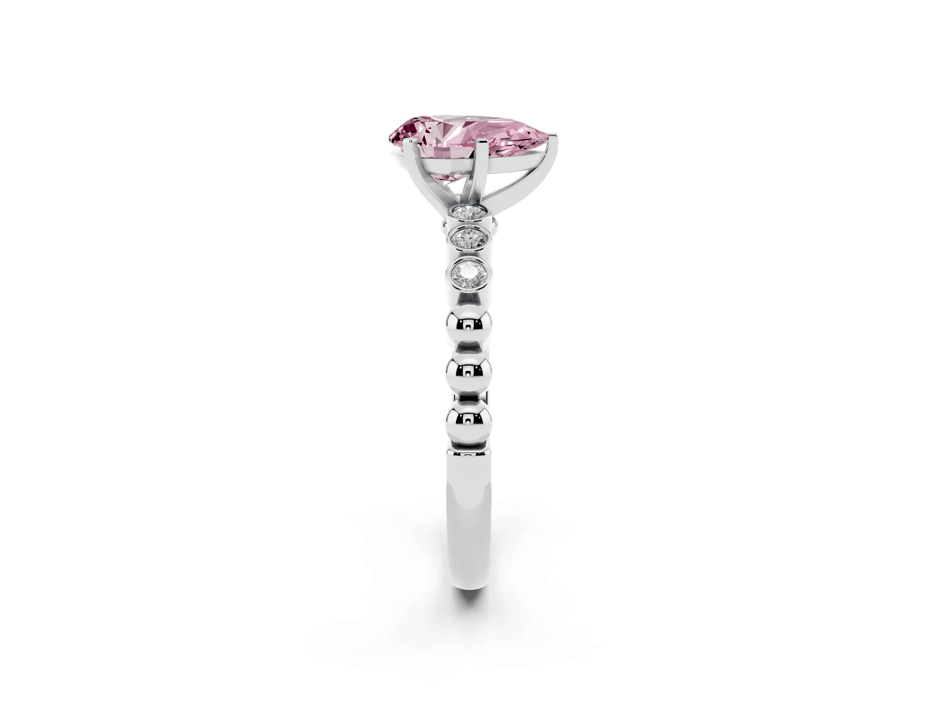 Fancy Pink Pear Cut Diamond Solitaire Engagement Ring Set in Silver with Bezel Accents on Beaded Band