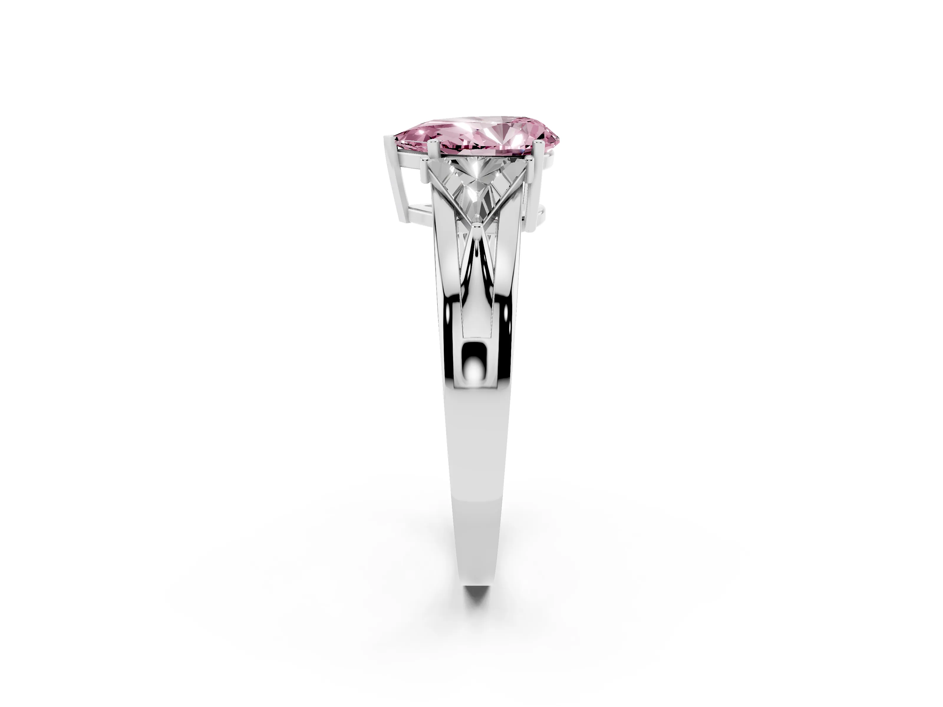 Fancy Pink Pear Cut Diamond Three-Stone Ring Set in Silver with Trillion Side Stones and Split Shank