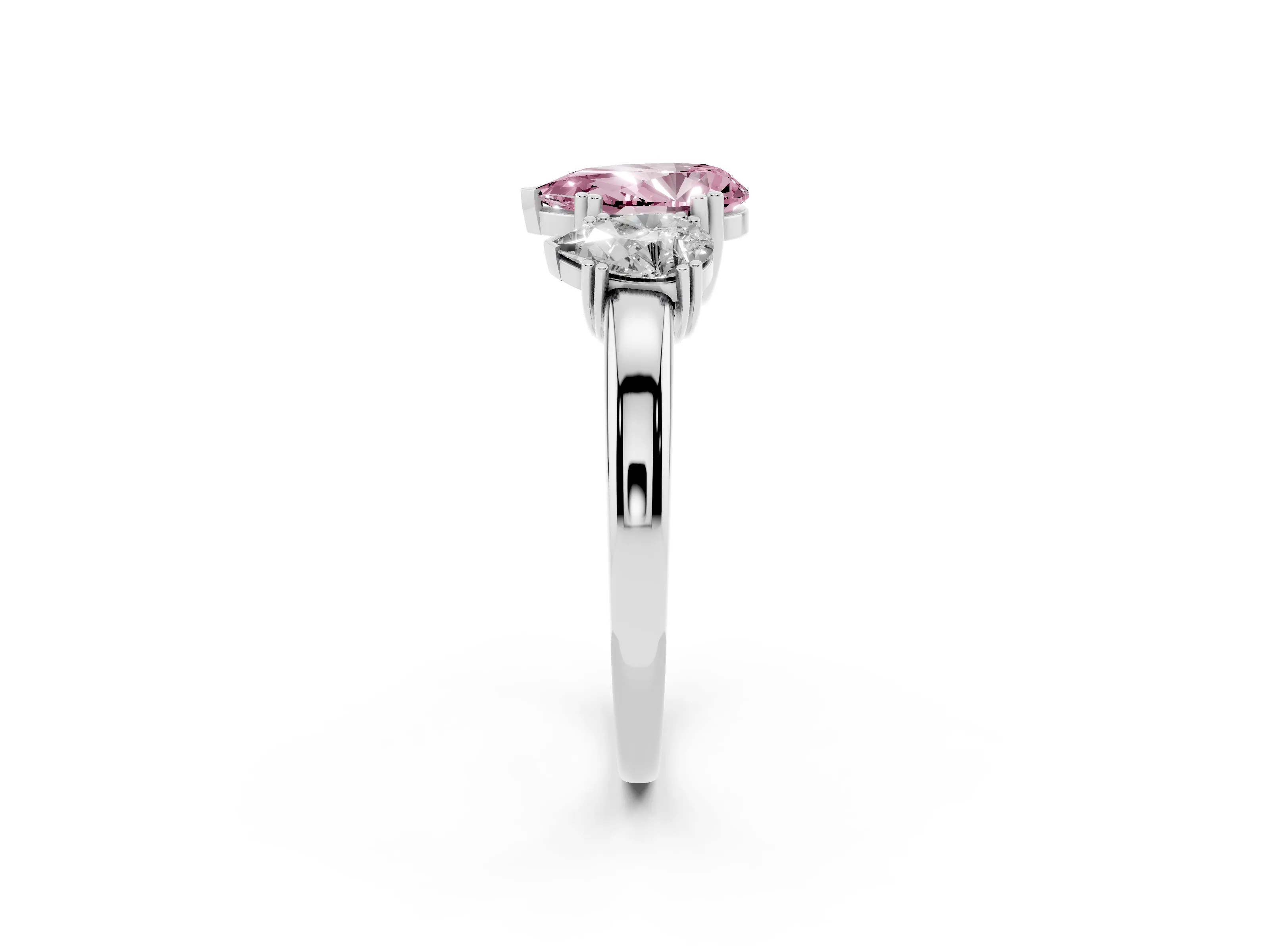 Fancy Pink Pear Cut Diamond Three-Stone Ring Set in White gold with Polished Channel-Set Band