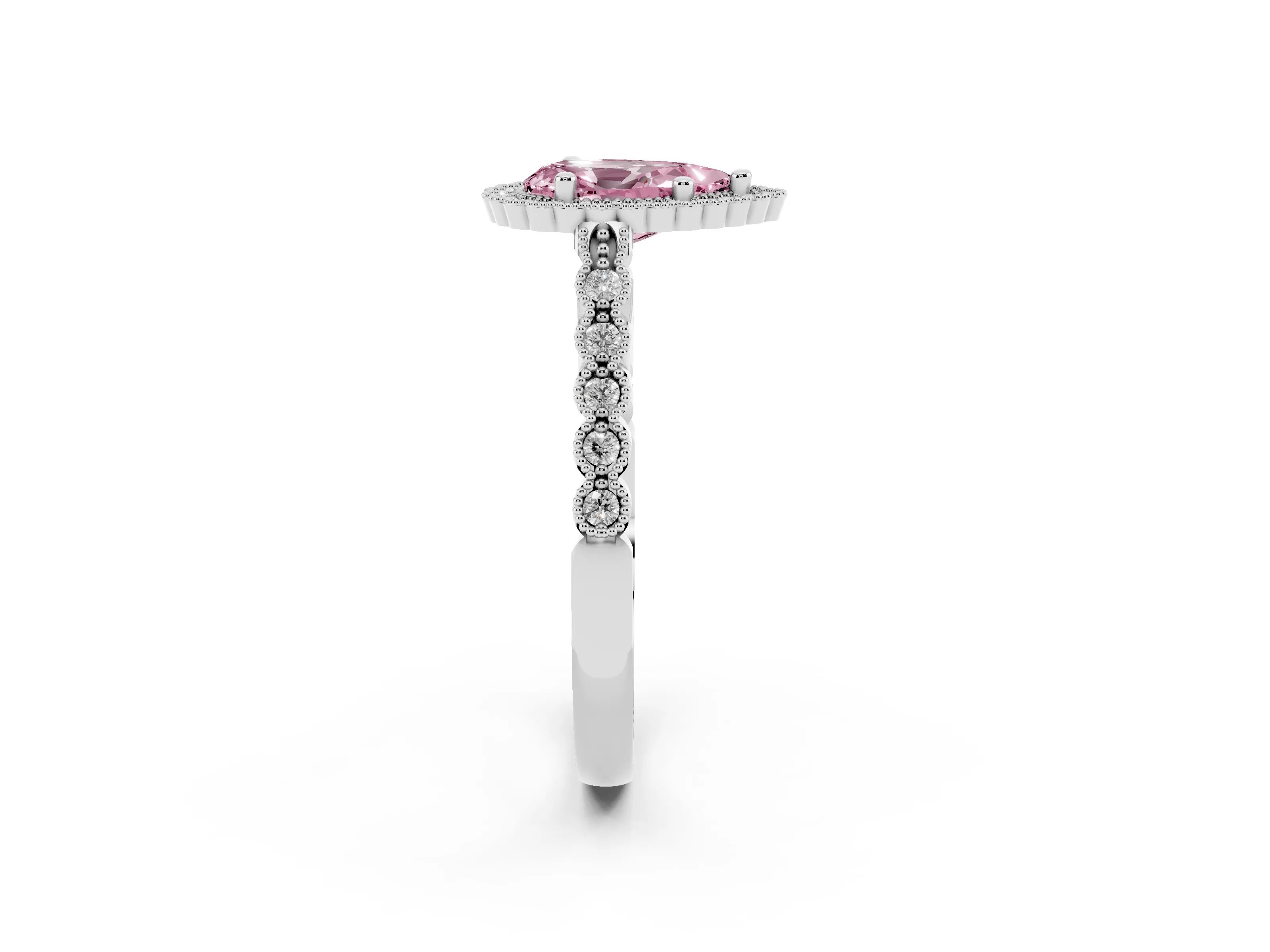 Fancy Pink Pear Cut Diamond Halo Ring Set in Platinum with Pavé Milgrain Band