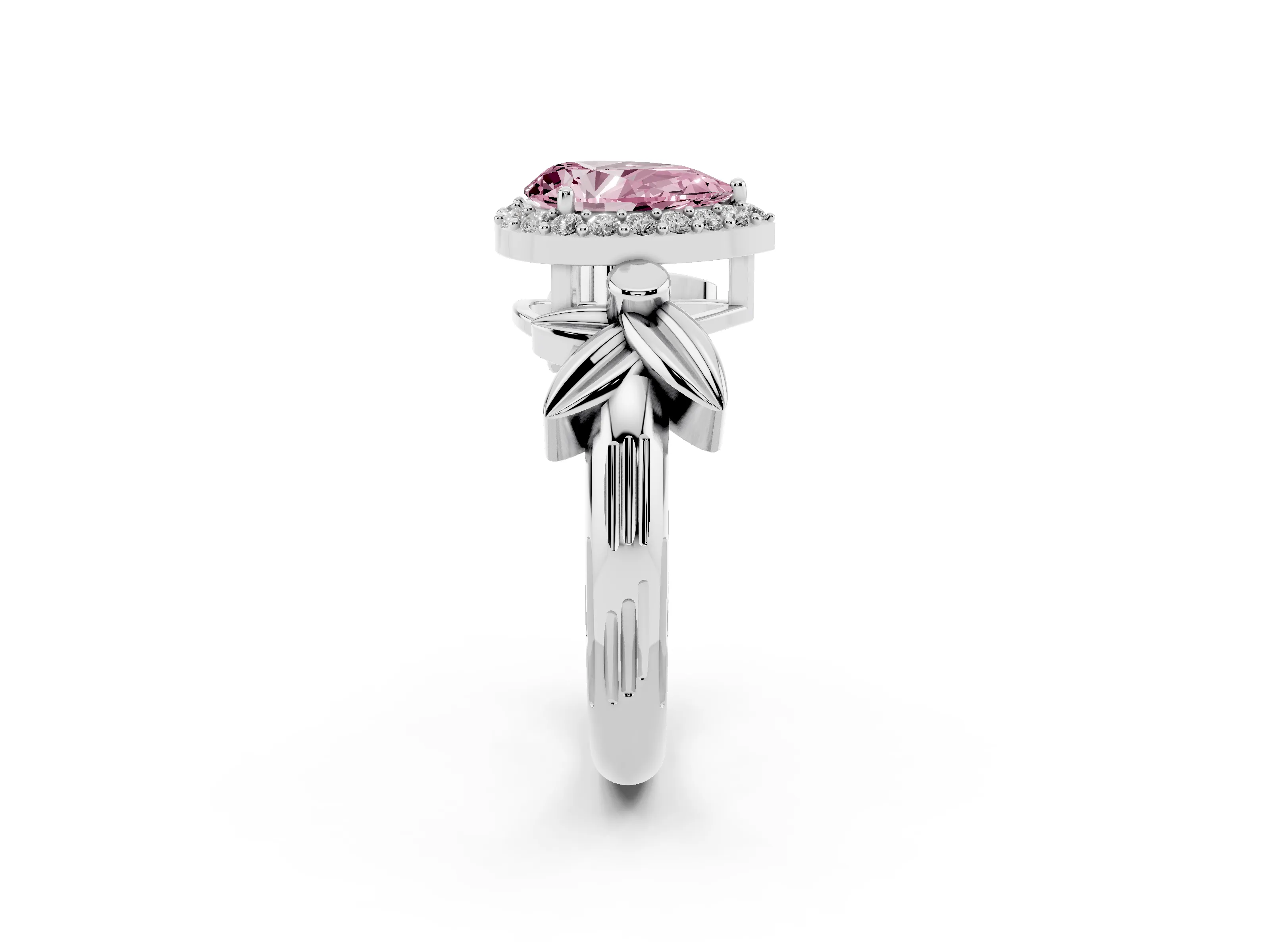 Fancy Pink Pear Cut Diamond Halo Floral Band Ring Set in Platinum with Prong Setting