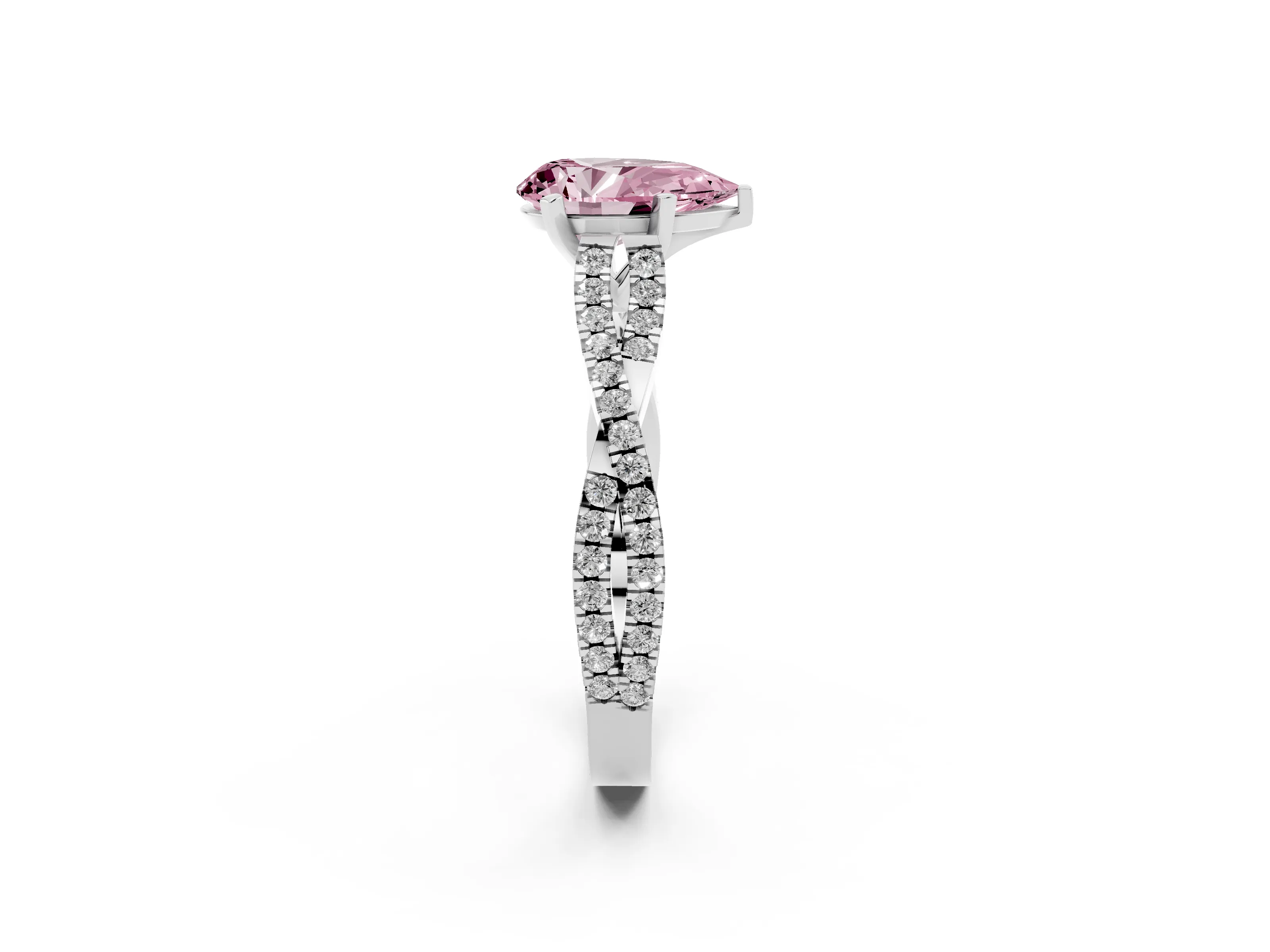 Fancy Pink Pear Cut Diamond Solitaire Engagement Ring Set in White gold with Twisted Pavé Band and Prong Setting