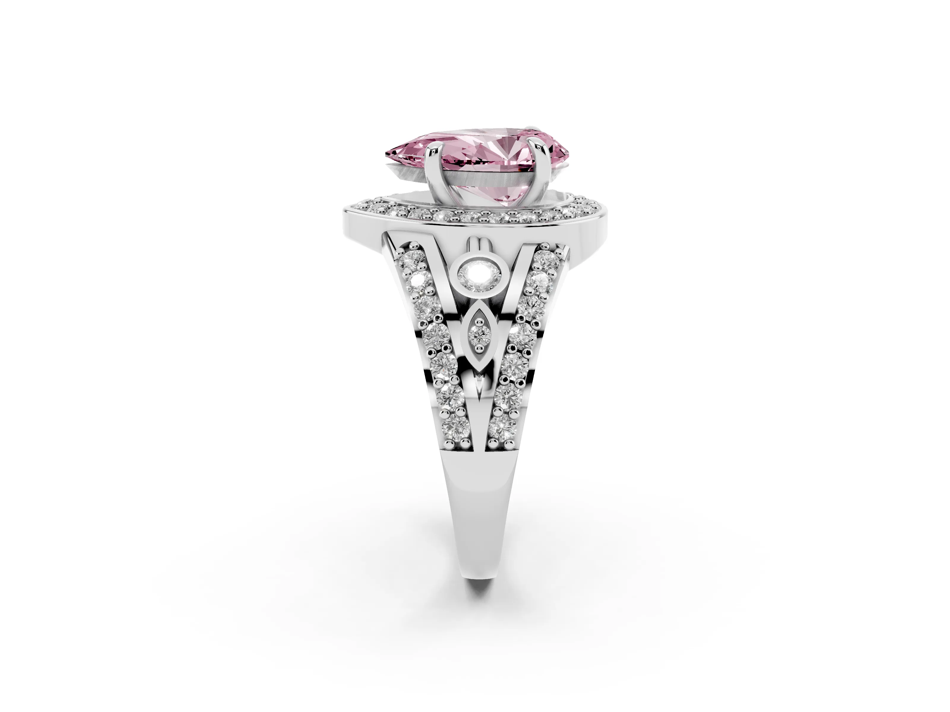 Fancy Pink Pear Cut Diamond Halo Ring Set in Silver with Pavé Split Shank and Bezel Accents