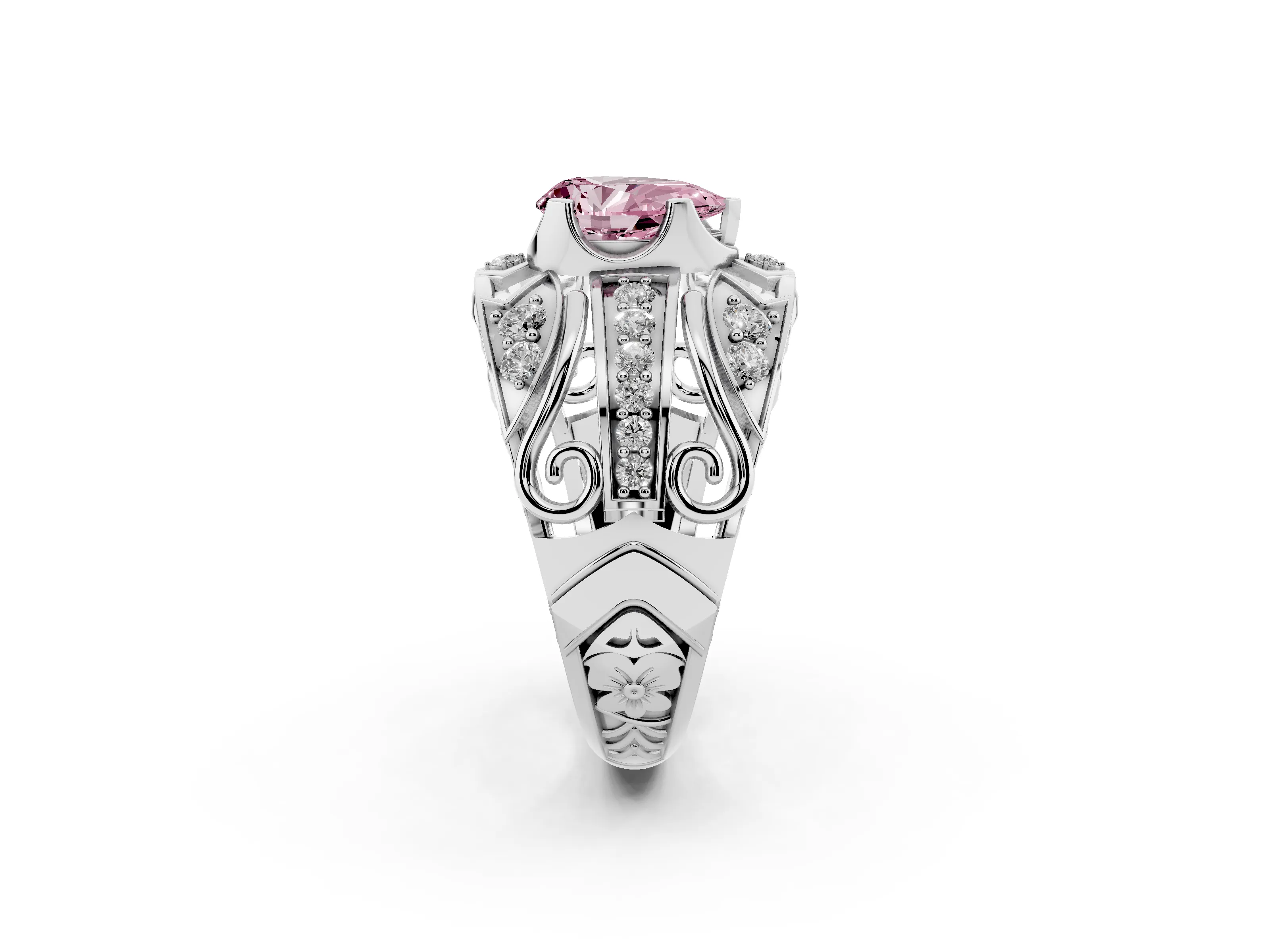 Fancy Pink Pear Cut Diamond Art Deco Ring Set in Platinum with Pavé Split Shank