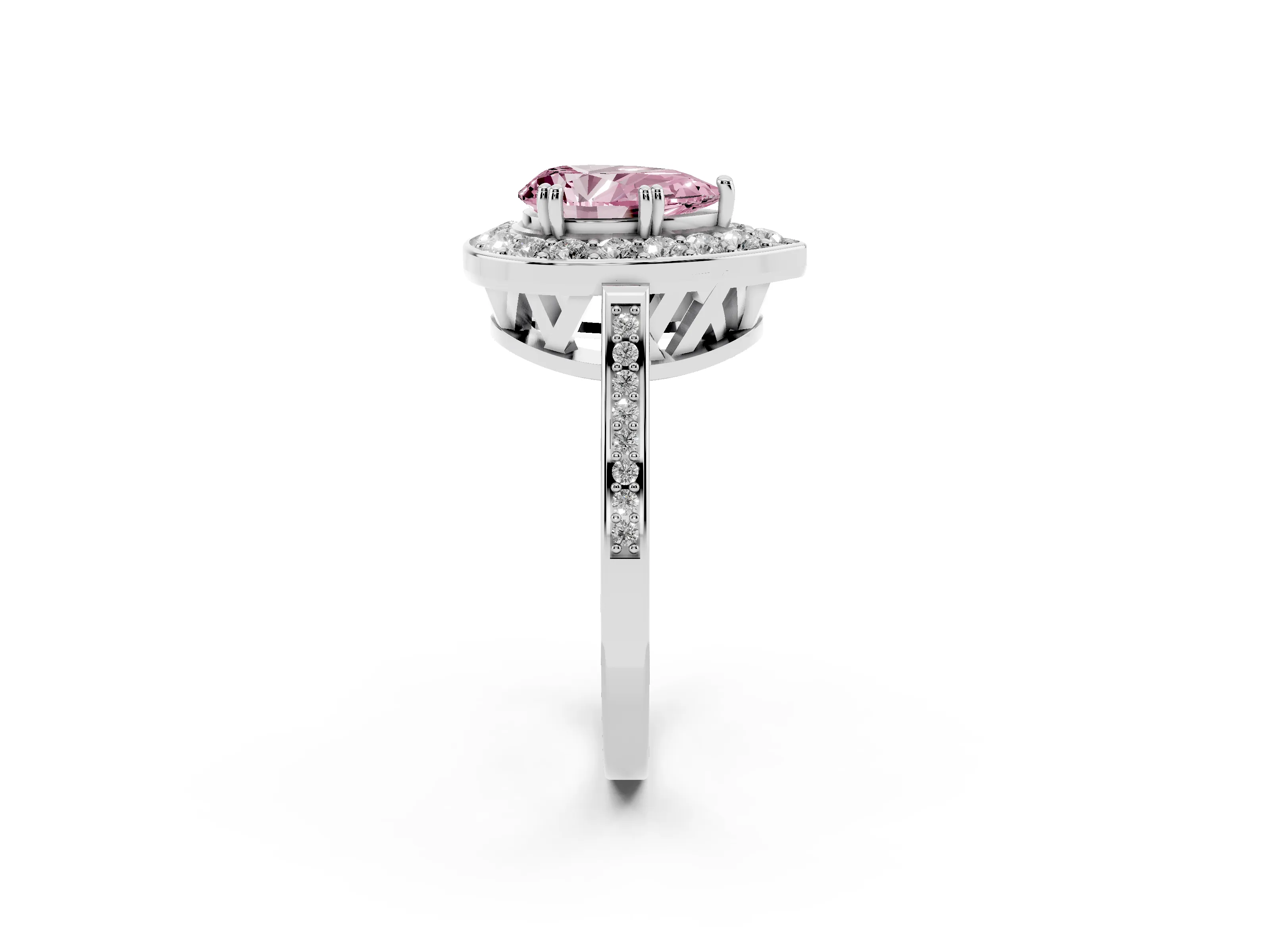 Fancy Pink Pear Cut Diamond Halo Ring Set in Platinum with Accent-Lined Split Shank and Prong Setting